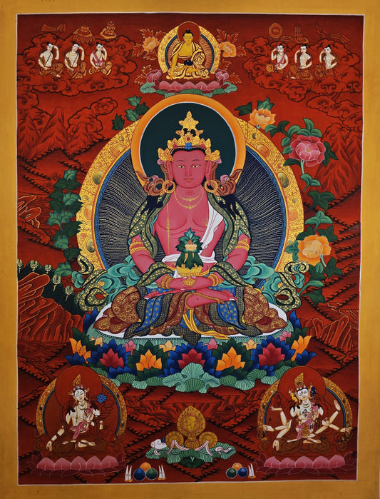 Original Hand-Painted Aparmita Buddha Amitayus Thangka - Tibetan Compassion Meditation Art - Masterpiece from Nepal
