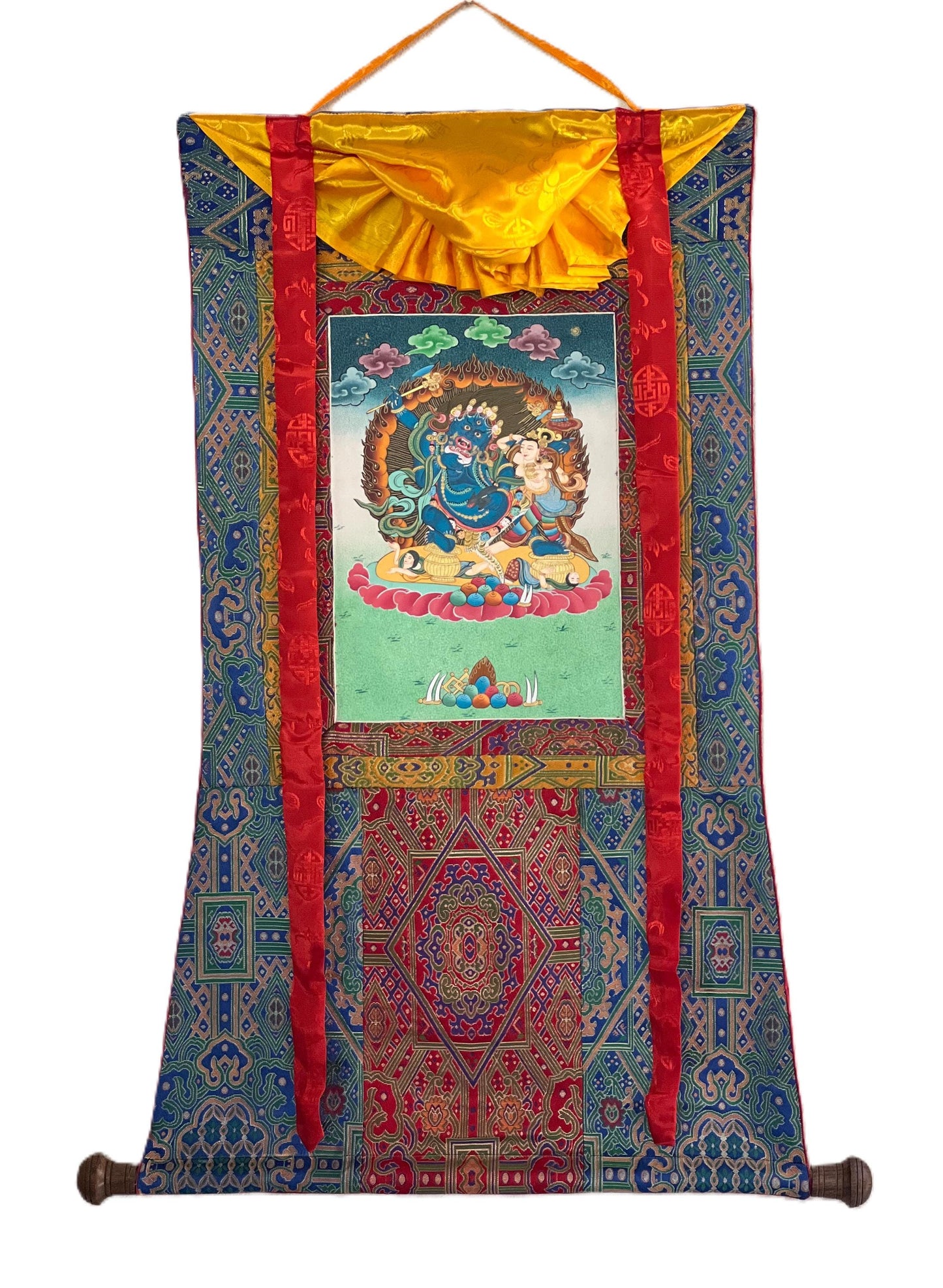 Hand-Painted Black Jambhala Thangka – Tibetan God of Wealth, Silk Brocade