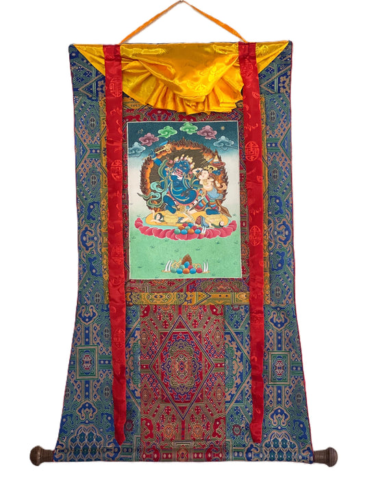 Hand-Painted Black Jambhala Thangka – Tibetan God of Wealth, Silk Brocade
