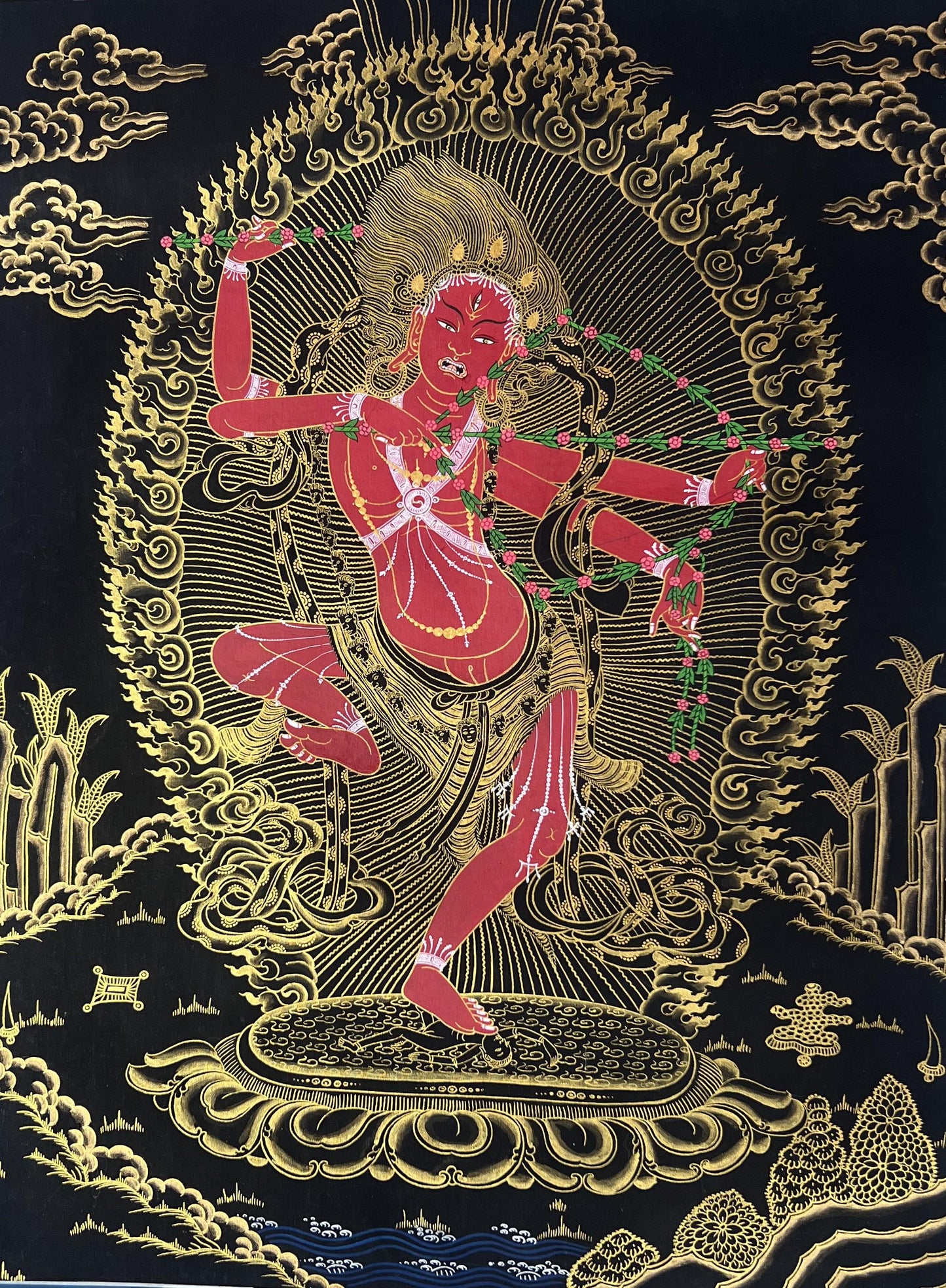 Hand-Painted Black and Gold Kurukulla Tibetan Thangka | Spiritual Art for Meditation & Home Decor
