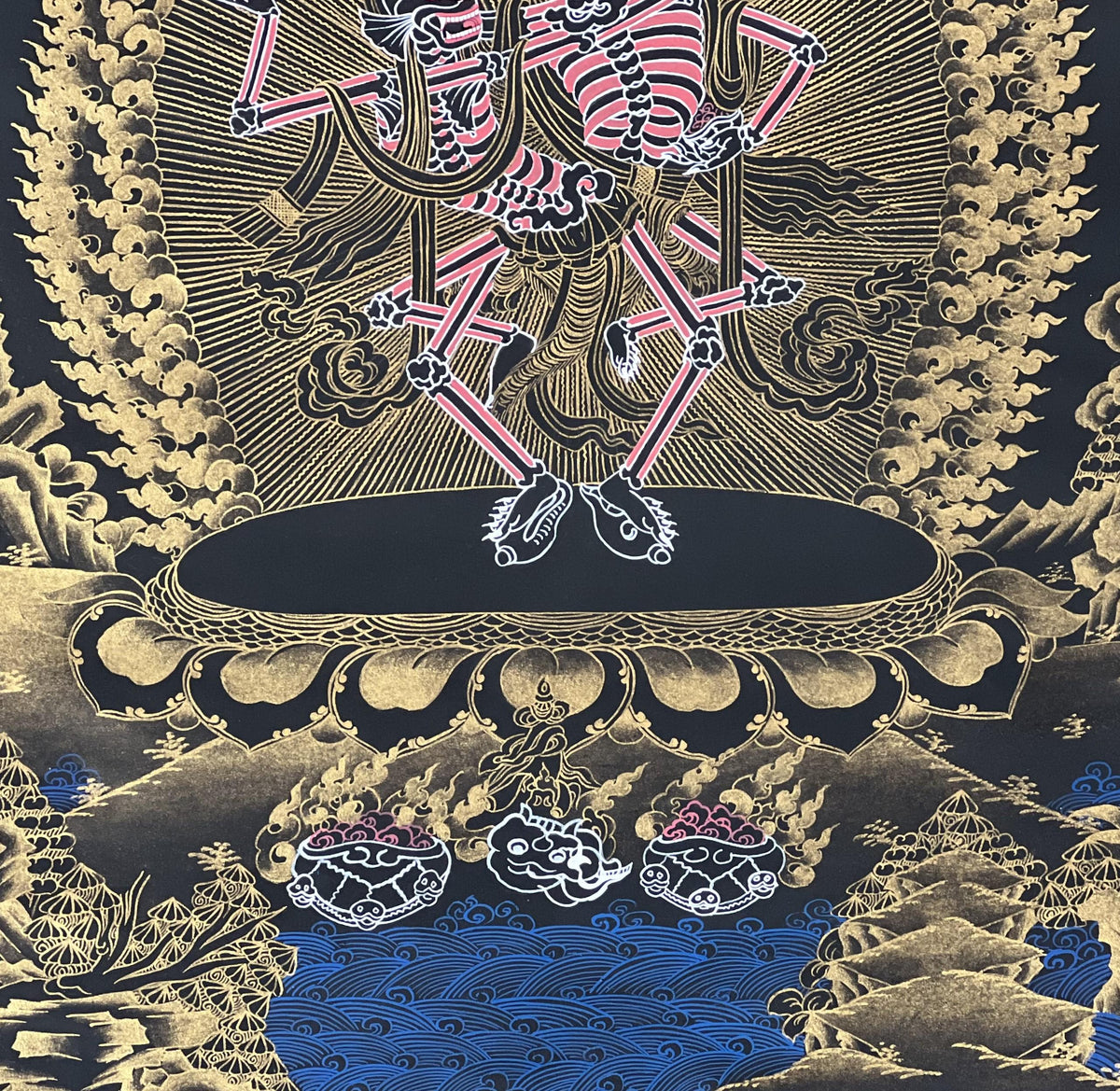 Hand-Painted Citipati Thangka: Tibetan Dancing Skeletons on Cotton Canvas