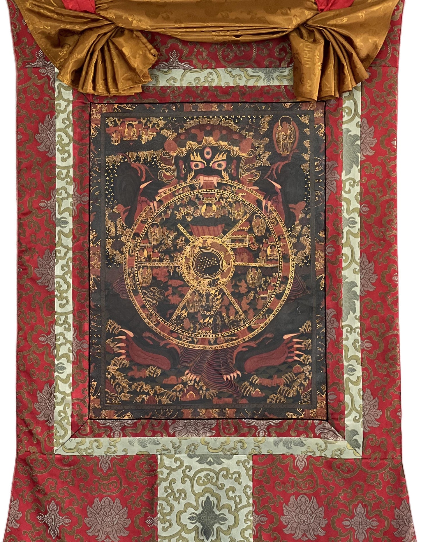 Hand-painted Original Oil-Varnished Wheel of Life Mandala – Tibetan Bhavachakra Thangka with Silk Brocade