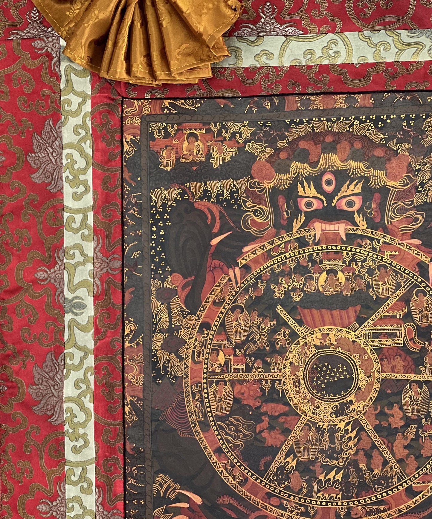 Hand-painted Original Oil-Varnished Wheel of Life Mandala – Tibetan Bhavachakra Thangka with Silk Brocade