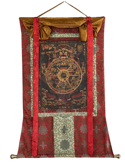 Hand-painted Original Oil-Varnished Wheel of Life Mandala – Tibetan Bhavachakra Thangka with Silk Brocade