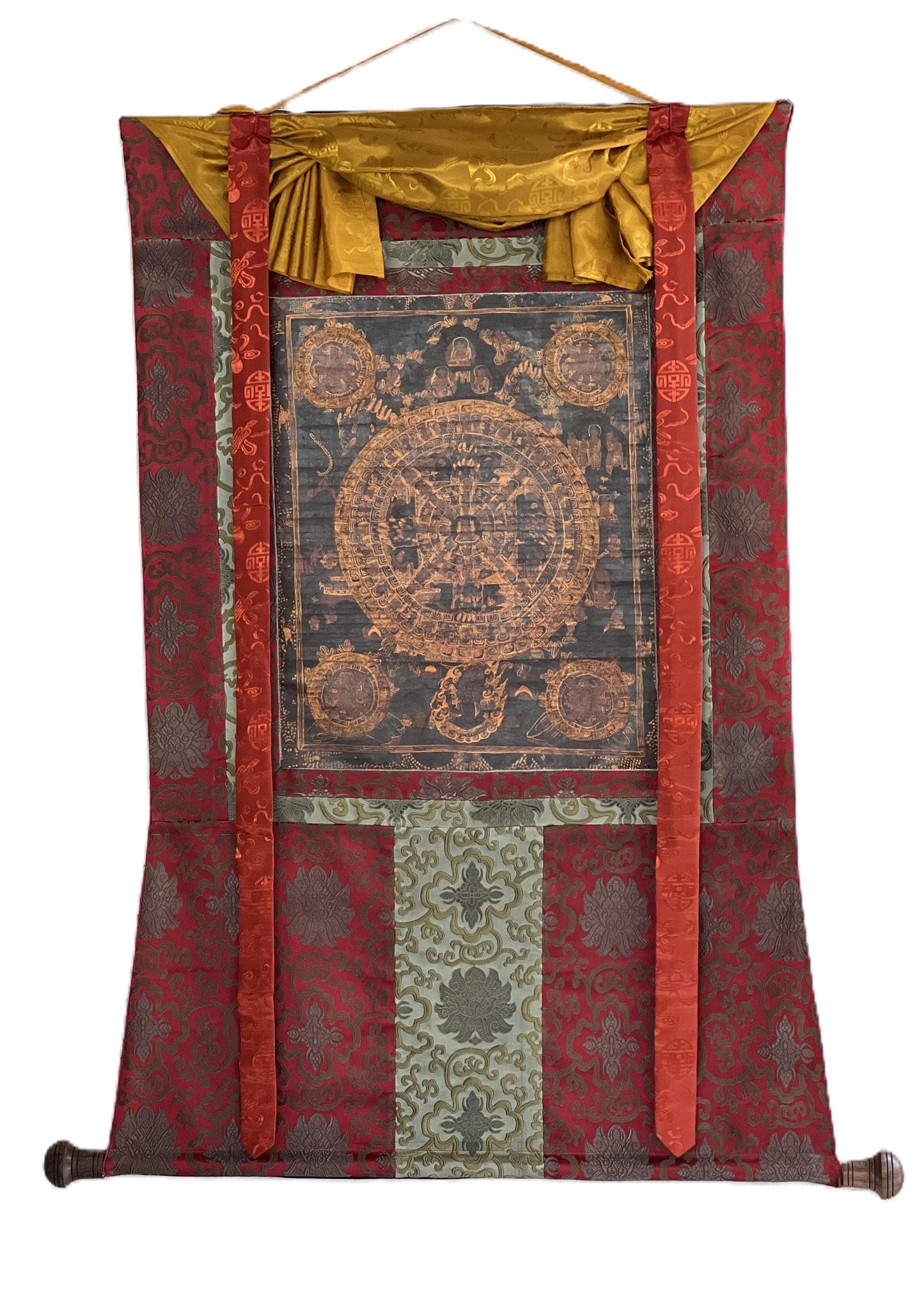 Original Hand-painted  Oil-Varnished Wheel of Life – Tibetan Bhavachakra Mandala Thangka Painting with Silk Brocade