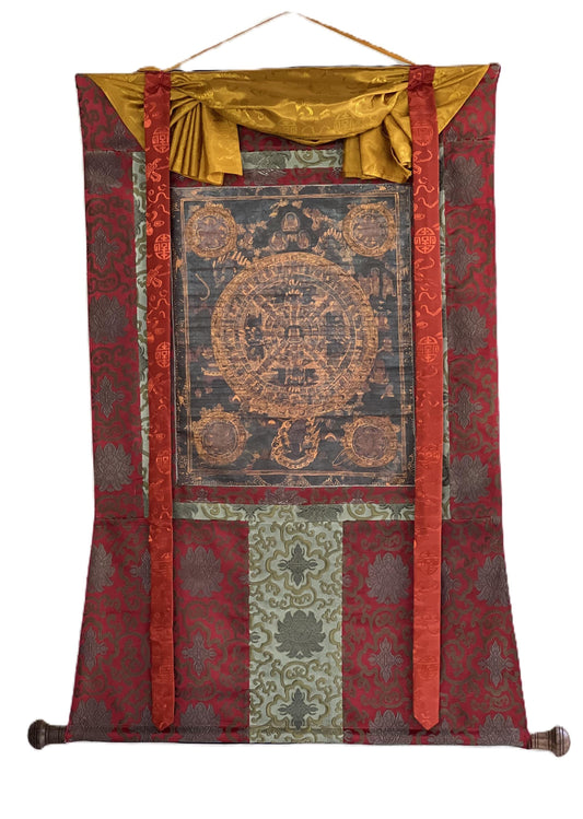 Original Hand-painted  Oil-Varnished Wheel of Life – Tibetan Bhavachakra Mandala Thangka Painting with Silk Brocade