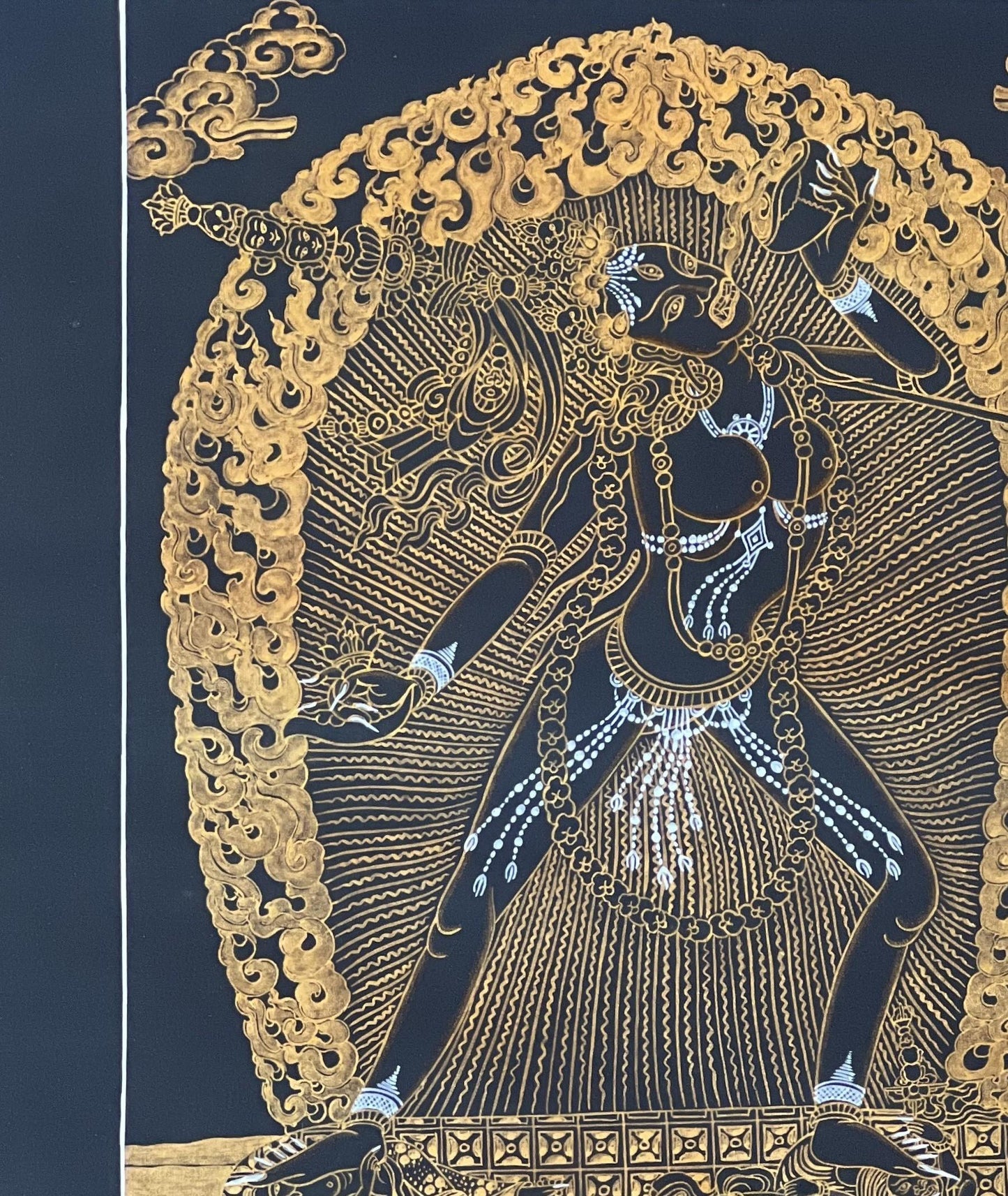 Hand-Painted Vajrayogini Thangka – Black and Gold Buddhist Art with Silk Brocade
