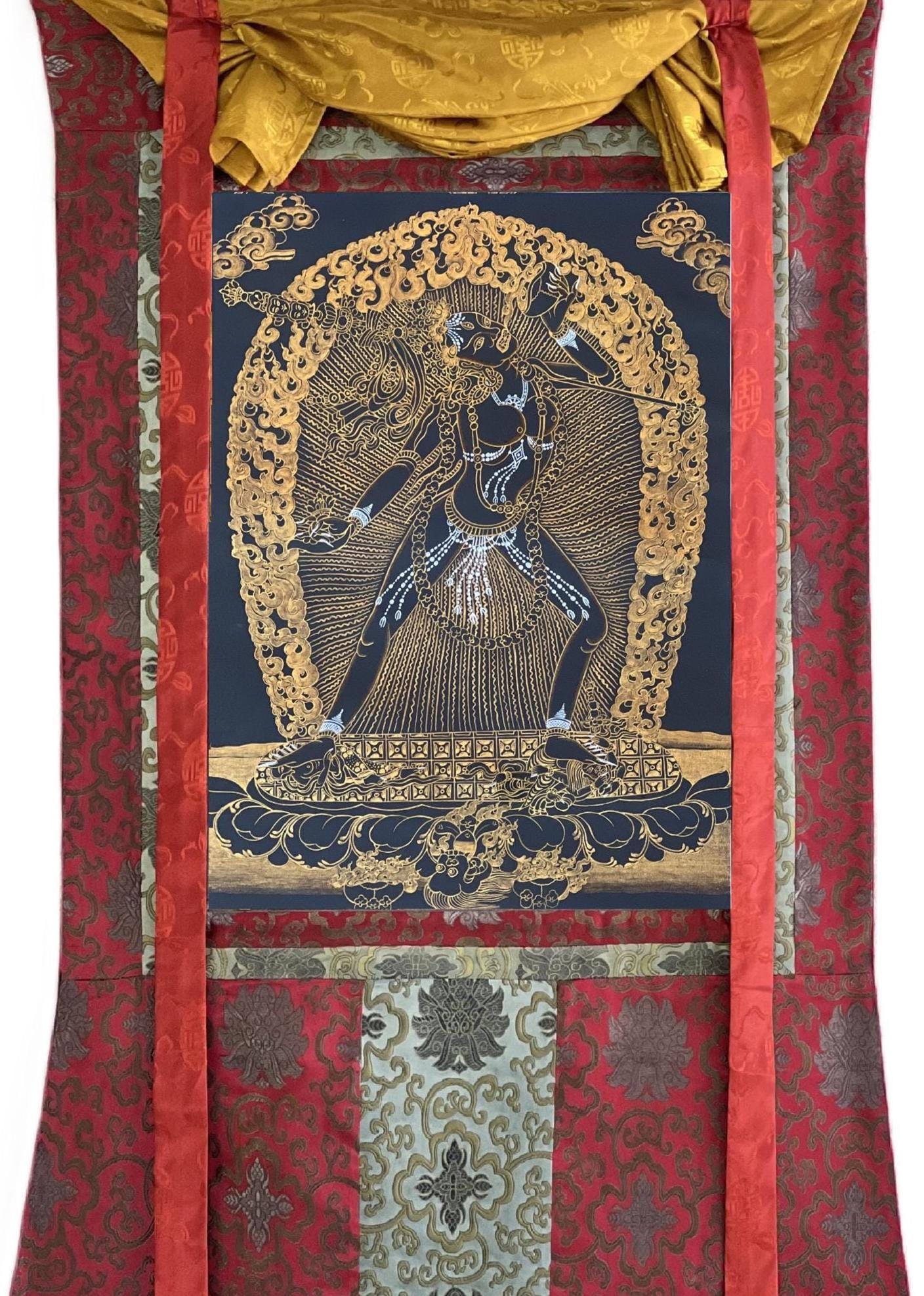 Hand-Painted Vajrayogini Thangka – Black and Gold Buddhist Art with Silk Brocade