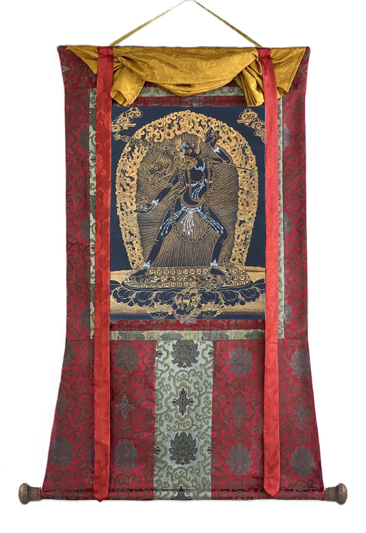 Hand-Painted Vajrayogini Thangka – Black and Gold Buddhist Art with Silk Brocade
