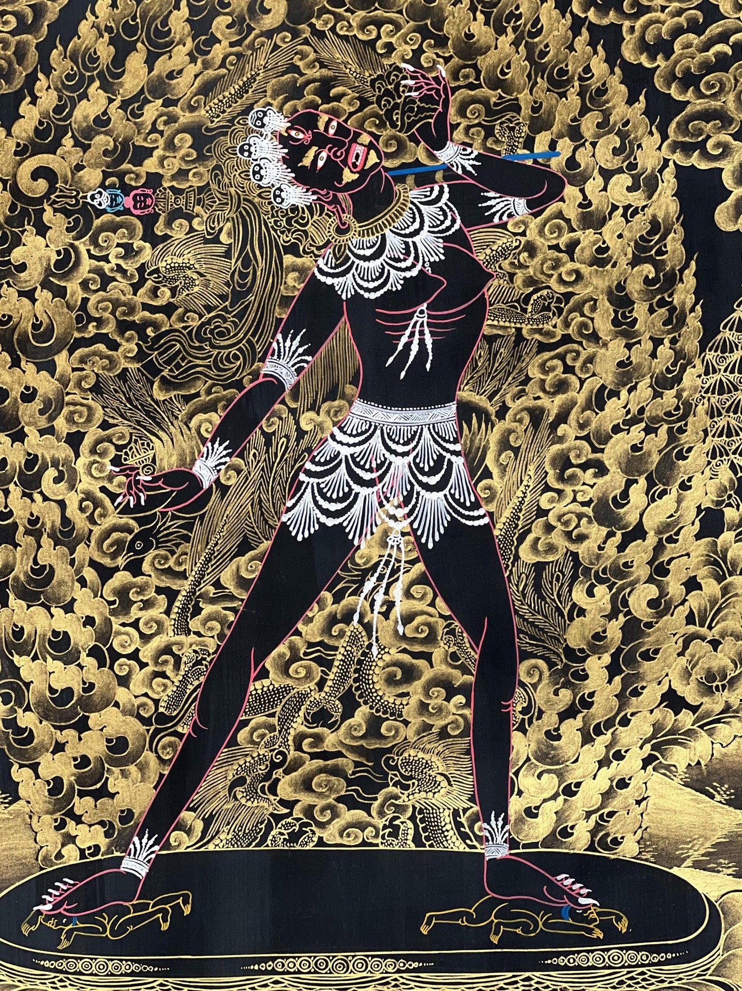 Hand-Painted Vajrayogini Thangka – Black and Gold Tibetan Art with Silk Brocade