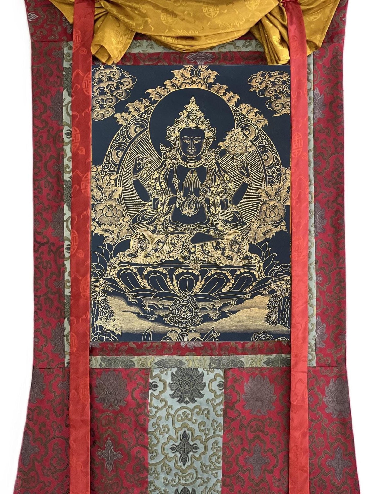 Original Hand-Painted Chenrezig (Avalokiteshvara) Black and Gold Tibetan Thangka Painting with Silk Brocade