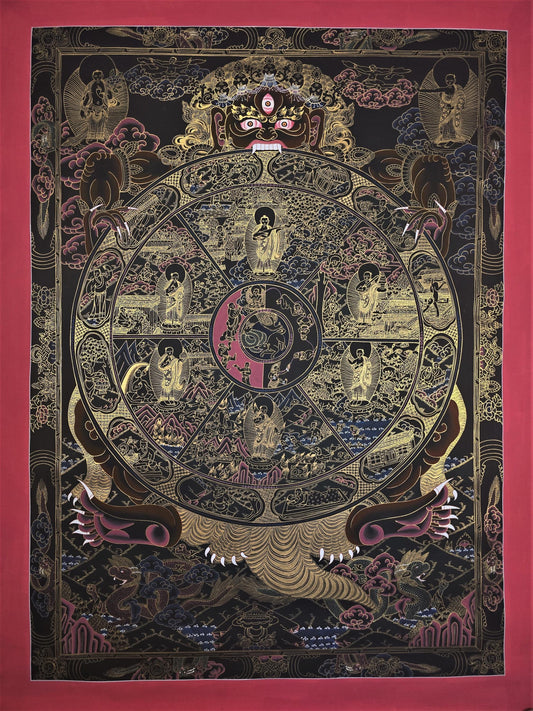 Wheel of Life Tibetan Thangka Painting – Large Buddhist Mandala Art