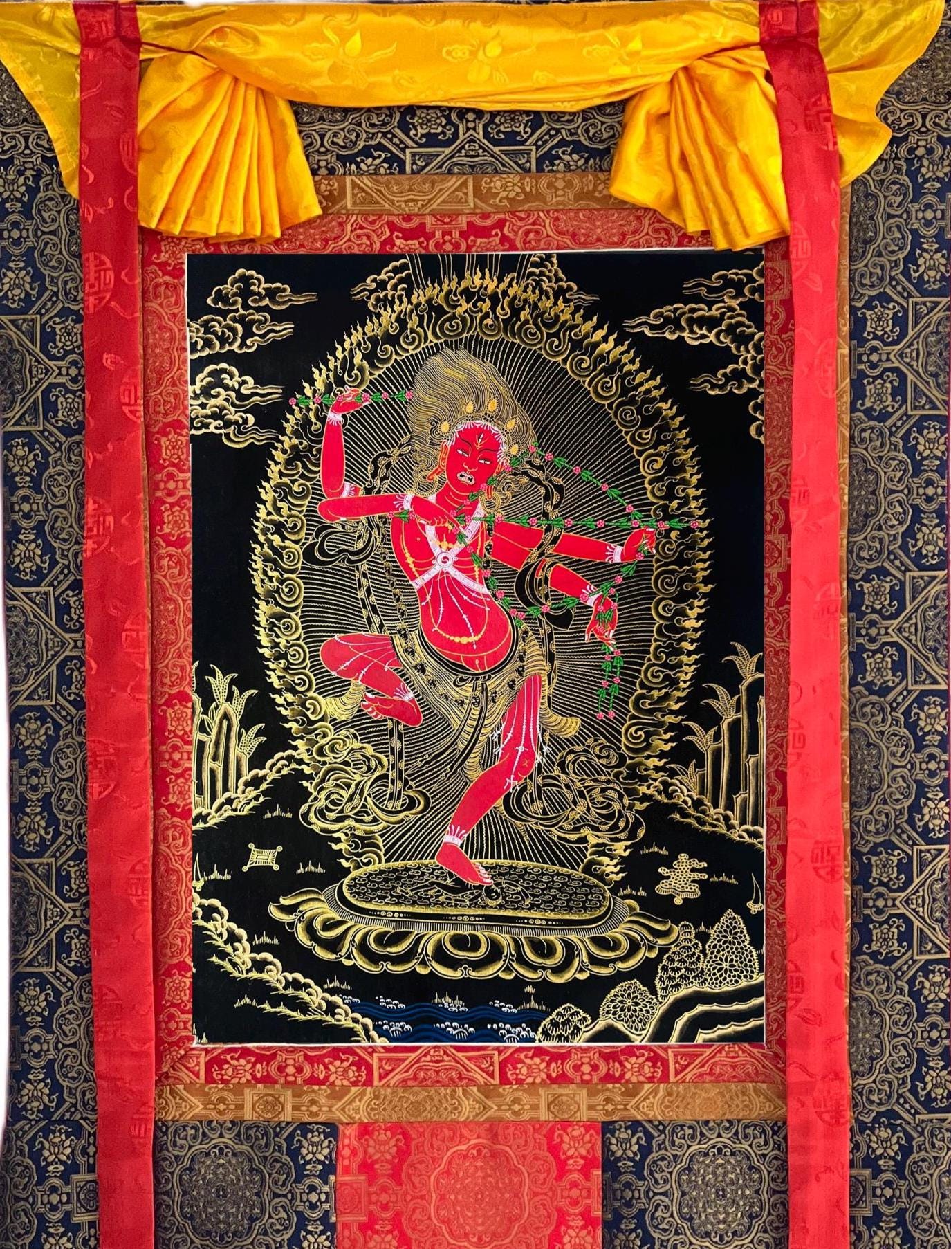 Hand-Painted Kurukulla Thangka | Black and Gold Silk Brocade Meditation Art
