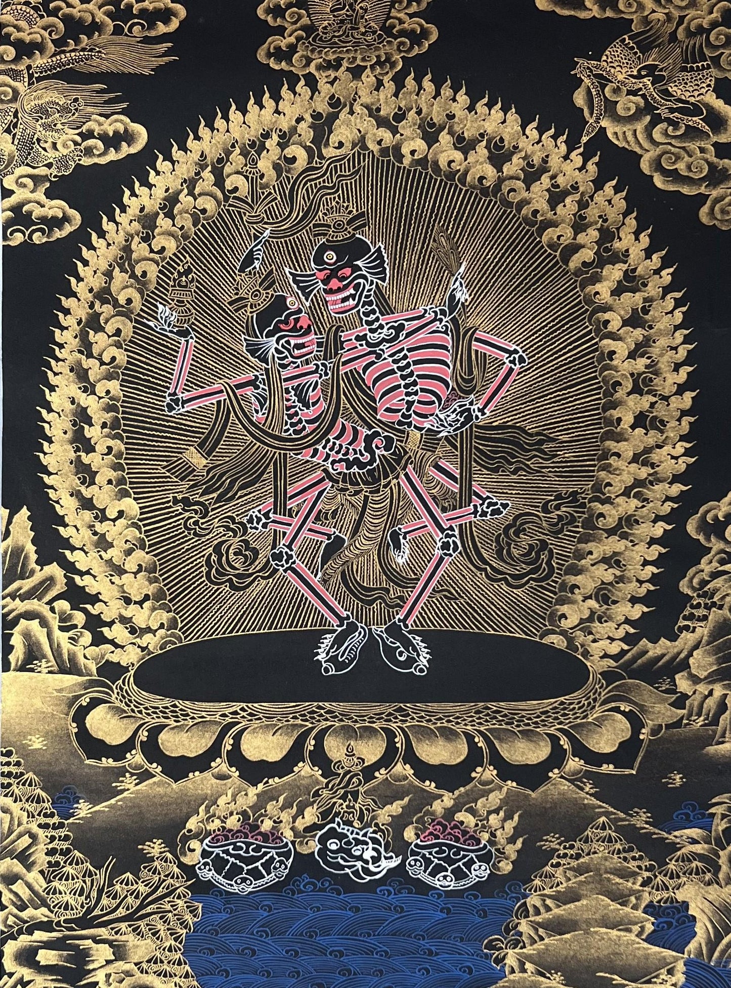 Hand-Painted Citipati Thangka – Tibetan Buddhist Art with Silk Brocade