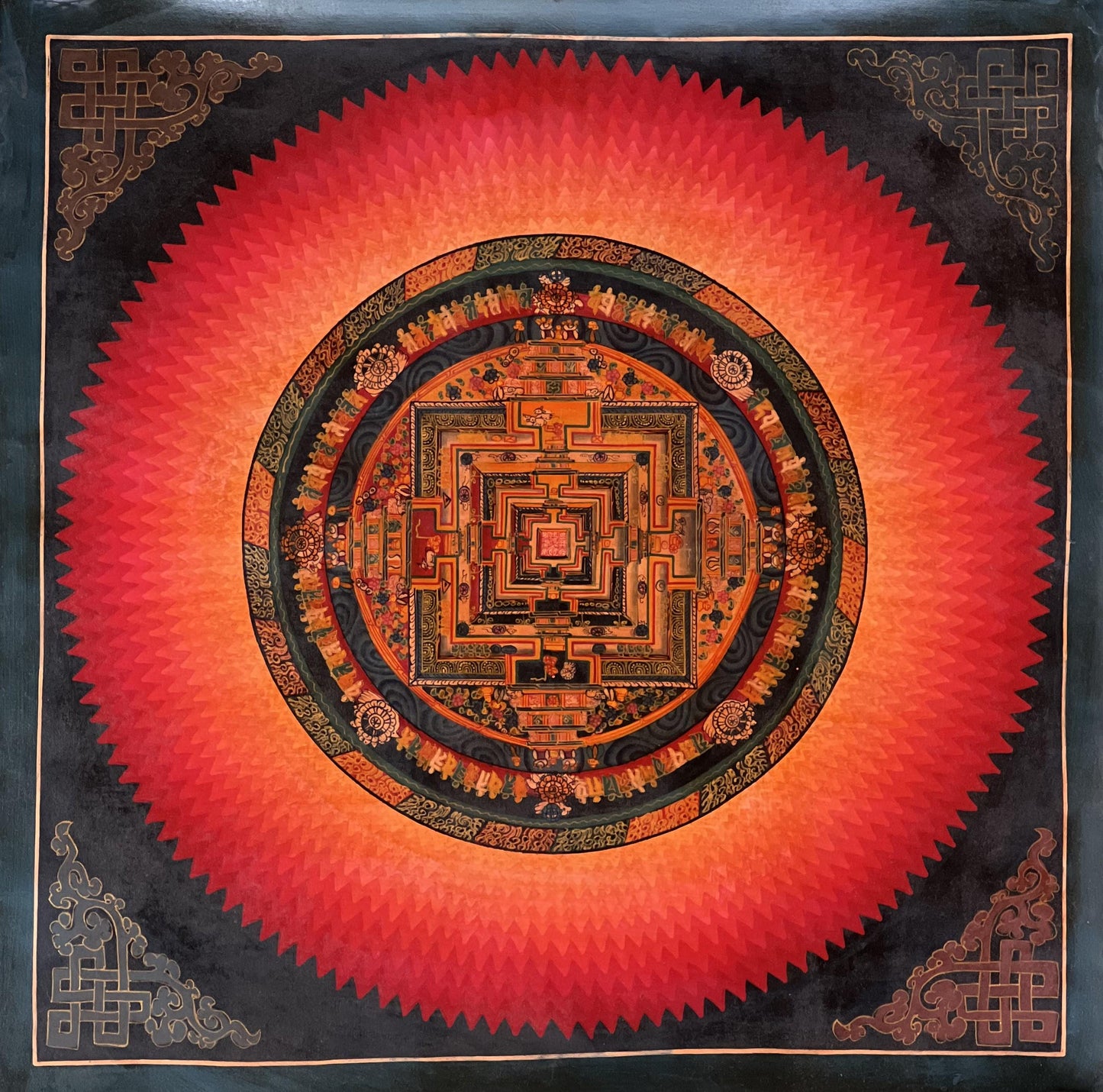 Original Tibetan Mandala Thangka | Hand-Painted Buddhist Sacred Geometry | Red & Gold Kalachakra Mandala Art | Oil-Varnished