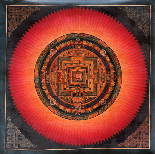 Original Tibetan Mandala Thangka | Hand-Painted Buddhist Sacred Geometry | Red & Gold Kalachakra Mandala Art | Oil-Varnished