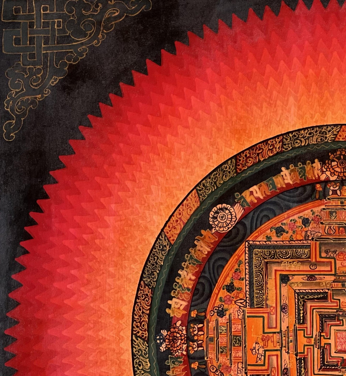 Original Tibetan Mandala Thangka | Hand-Painted Buddhist Sacred Geometry | Red & Gold Kalachakra Mandala Art | Oil-Varnished