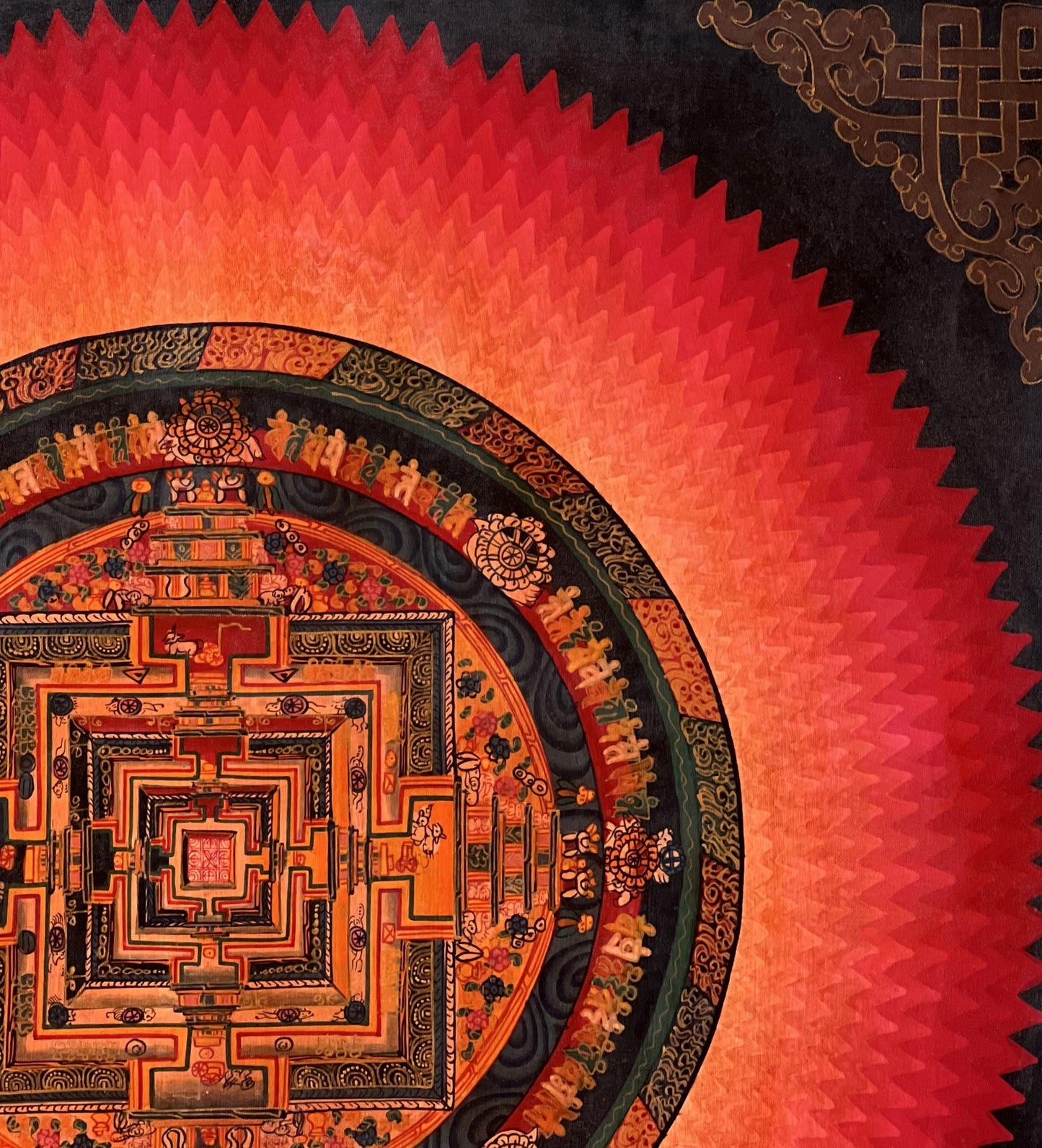 Original Tibetan Mandala Thangka | Hand-Painted Buddhist Sacred Geometry | Red & Gold Kalachakra Mandala Art | Oil-Varnished
