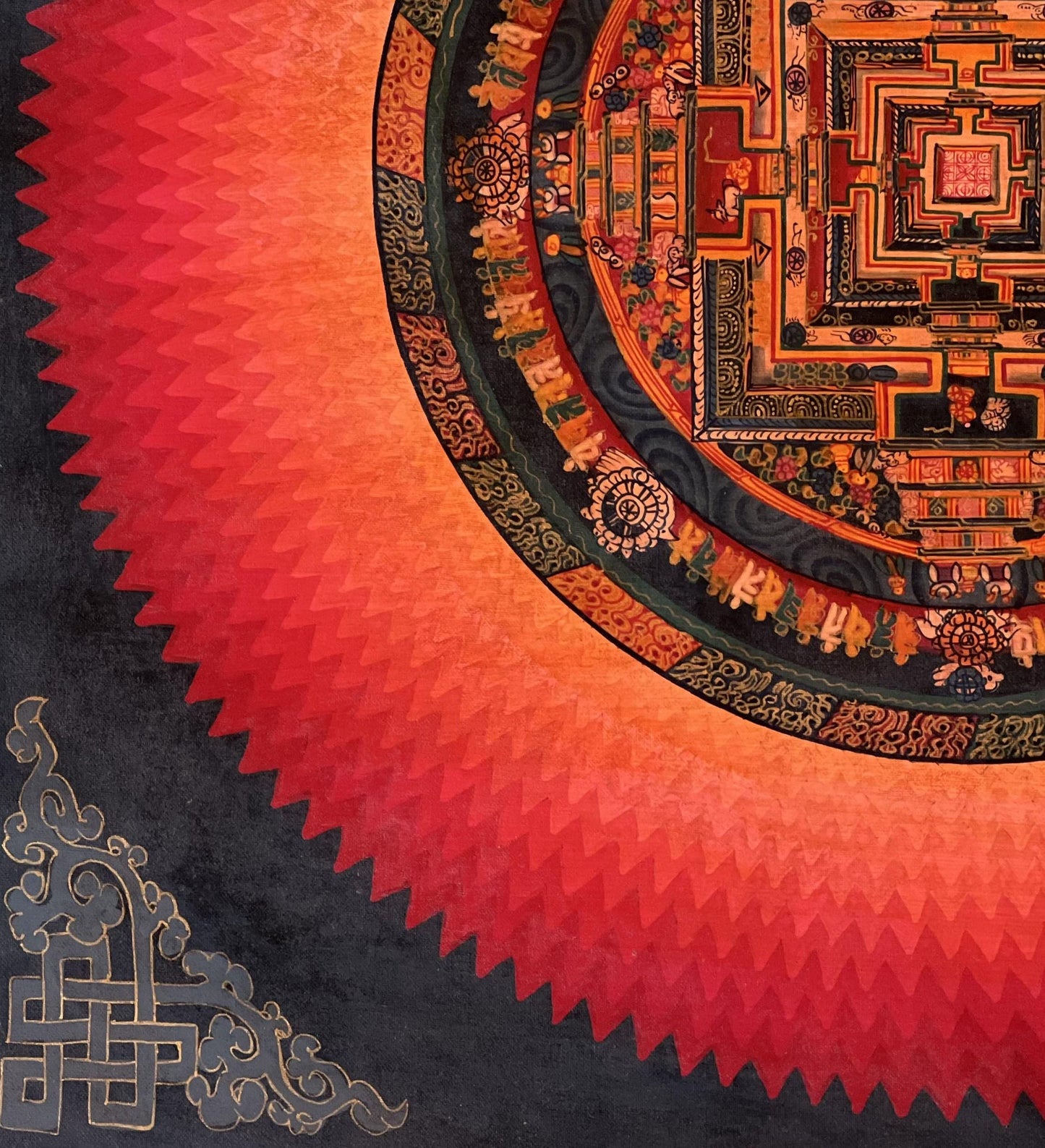 Original Tibetan Mandala Thangka | Hand-Painted Buddhist Sacred Geometry | Red & Gold Kalachakra Mandala Art | Oil-Varnished
