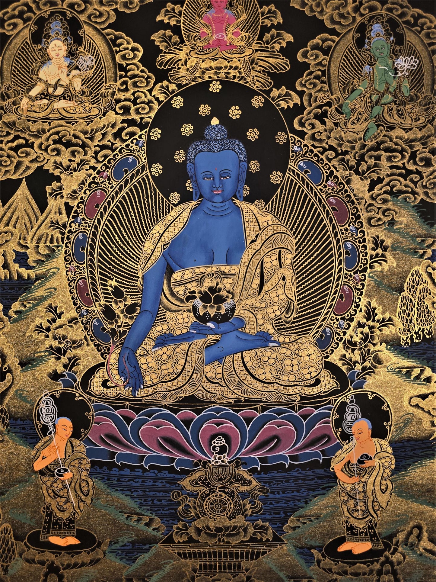 Medicine Buddha Tibetan Thangka – Hand-Painted Bhaisajyaguru Healing Art on Cotton Canvas
