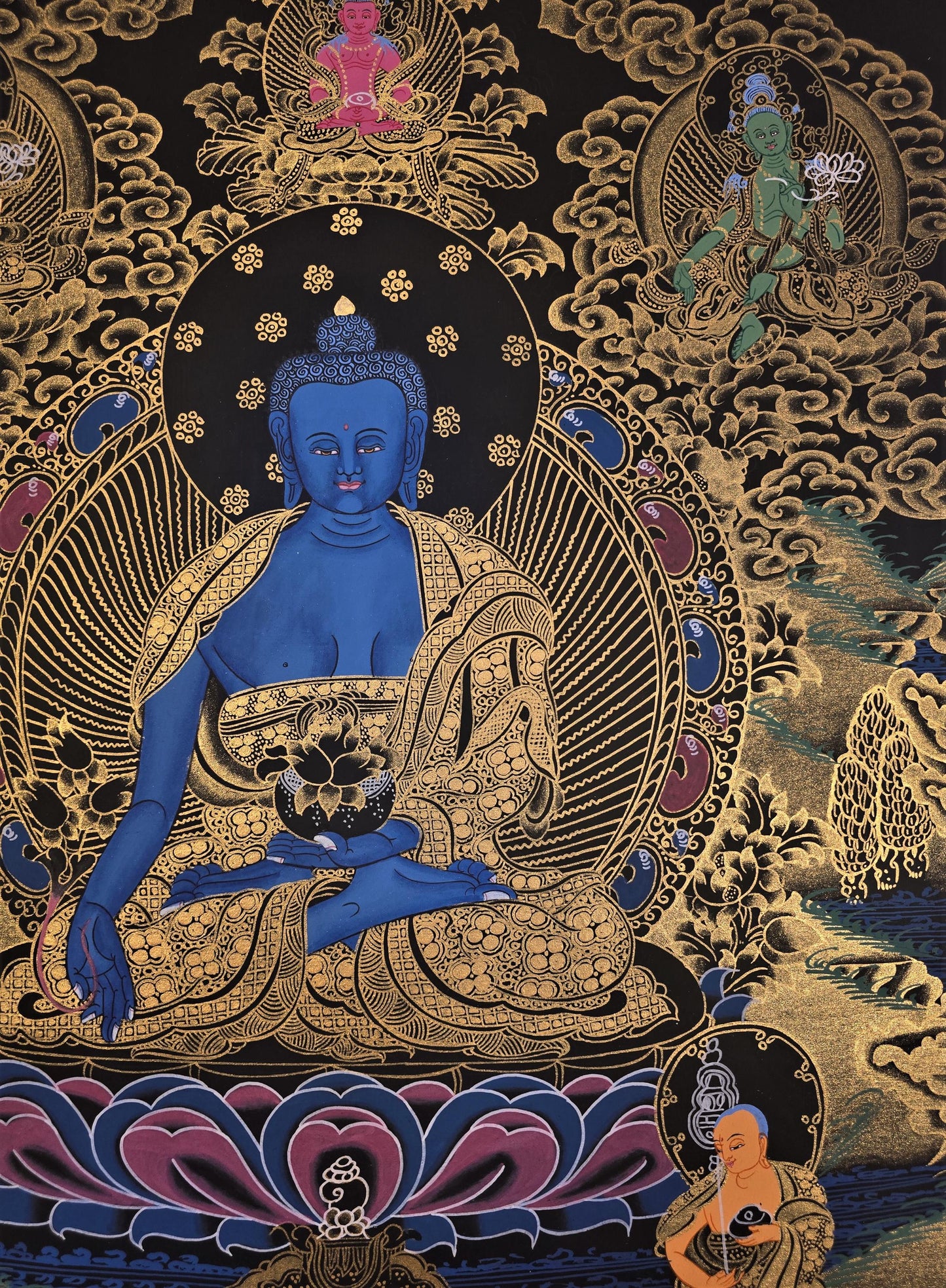 Medicine Buddha Tibetan Thangka – Hand-Painted Bhaisajyaguru Healing Art on Cotton Canvas