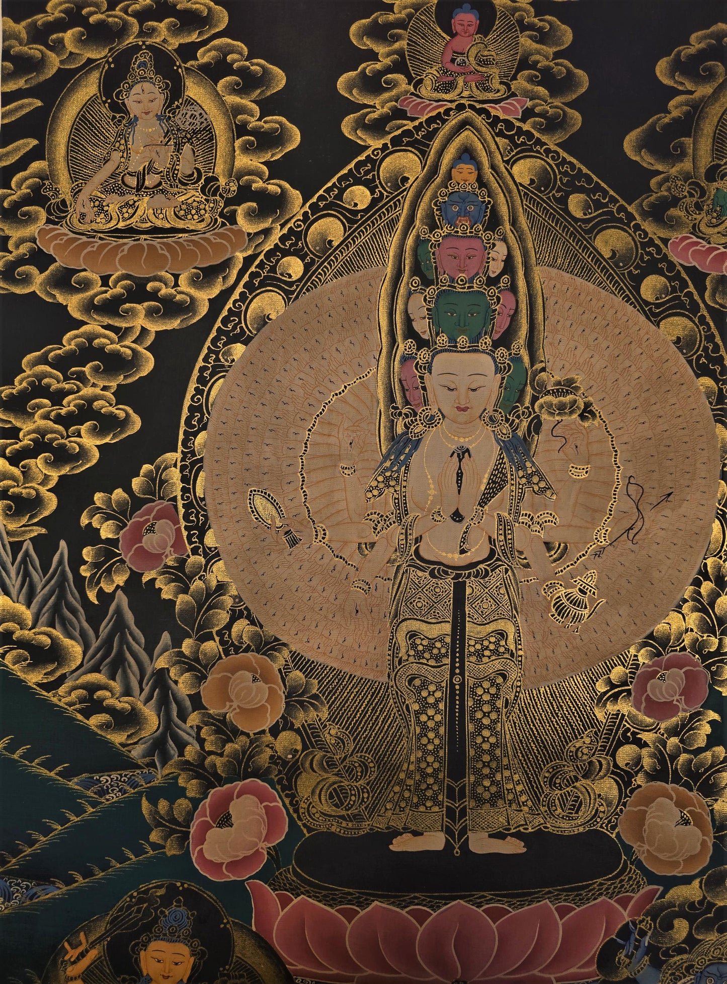 Hand-Painted Avalokiteshvara Thangka - 1000 Armed Tibetan Compassion & Meditation Masterpiece - Unique SAHASRABHUJA Artwork
