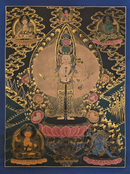 Hand-Painted Avalokiteshvara Thangka - 1000 Armed Tibetan Compassion & Meditation Masterpiece - Unique SAHASRABHUJA Artwork