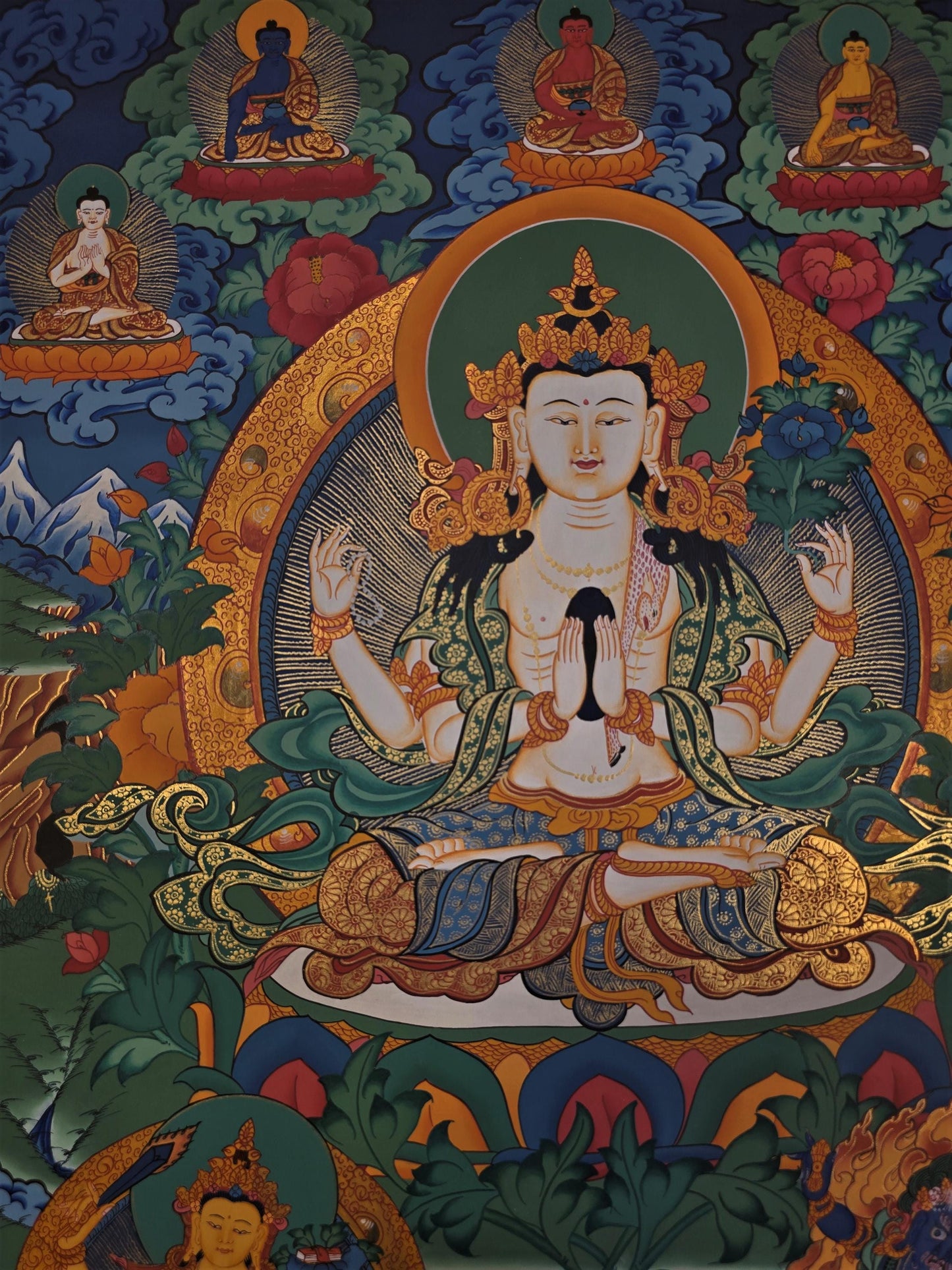 Hand-Painted Avalokiteshvara Thangka | Compassion Buddha Wall Hanging | Tibetan Meditation Art | Original Masterpiece