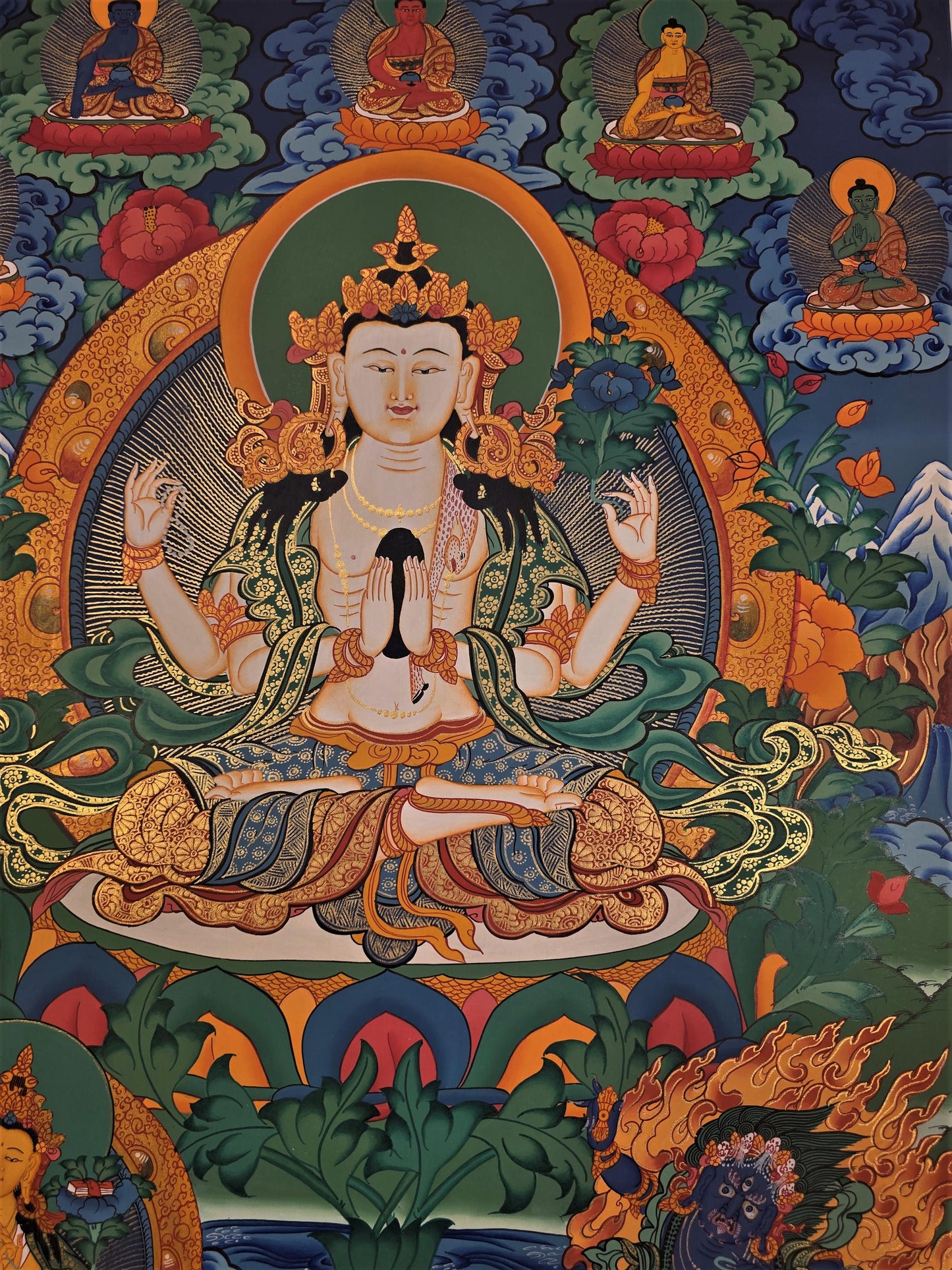 Hand-Painted Avalokiteshvara Thangka | Compassion Buddha Wall Hanging | Tibetan Meditation Art | Original Masterpiece