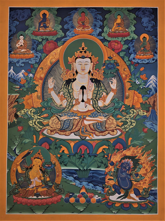 Hand-Painted Avalokiteshvara Thangka | Compassion Buddha Wall Hanging | Tibetan Meditation Art | Original Masterpiece