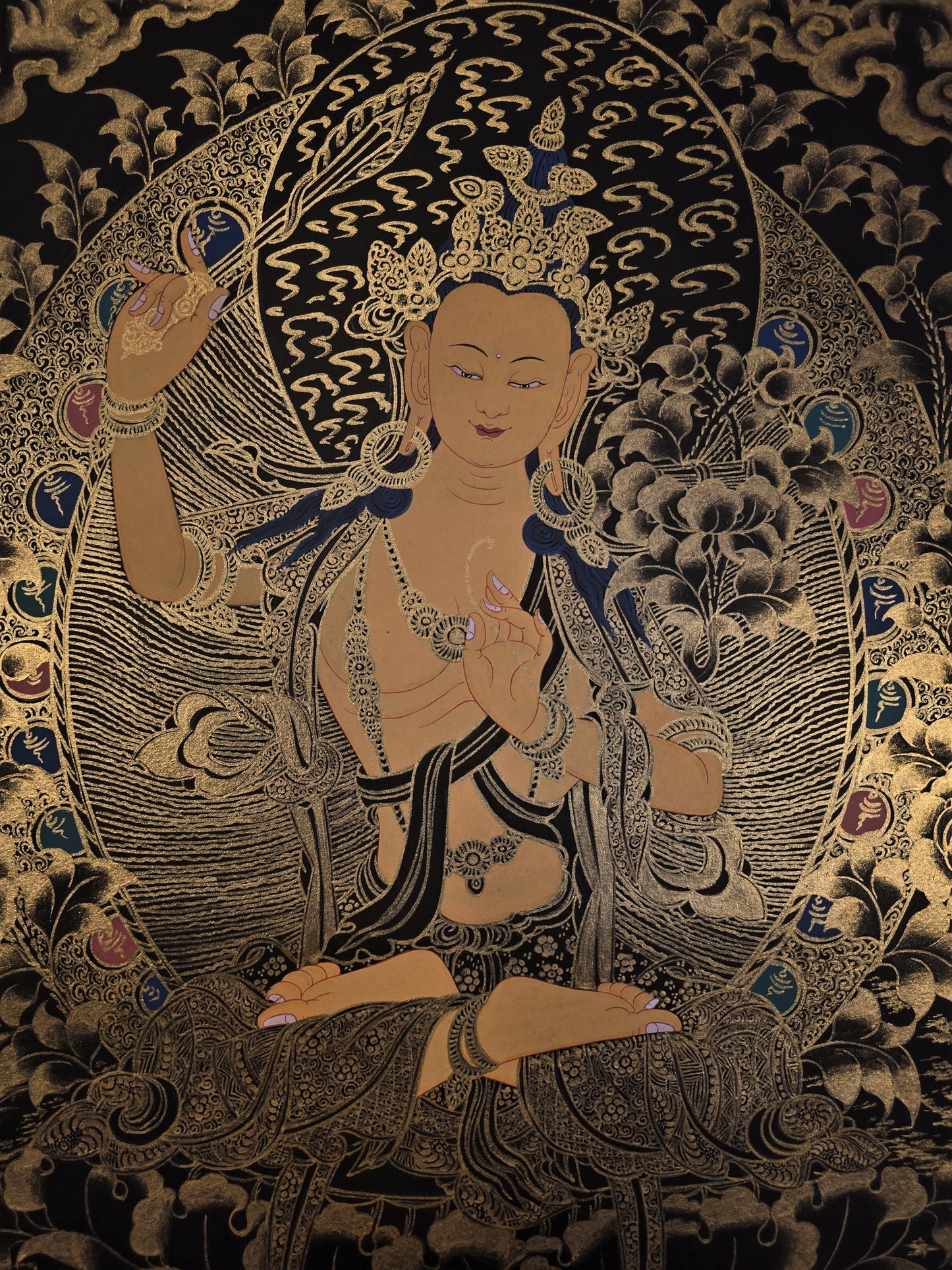 Hand-Painted Manjushri Thangka | Tibetan Bodhisattva Art | Divine Wisdom Wall Decor | Master Quality Buddhist Painting