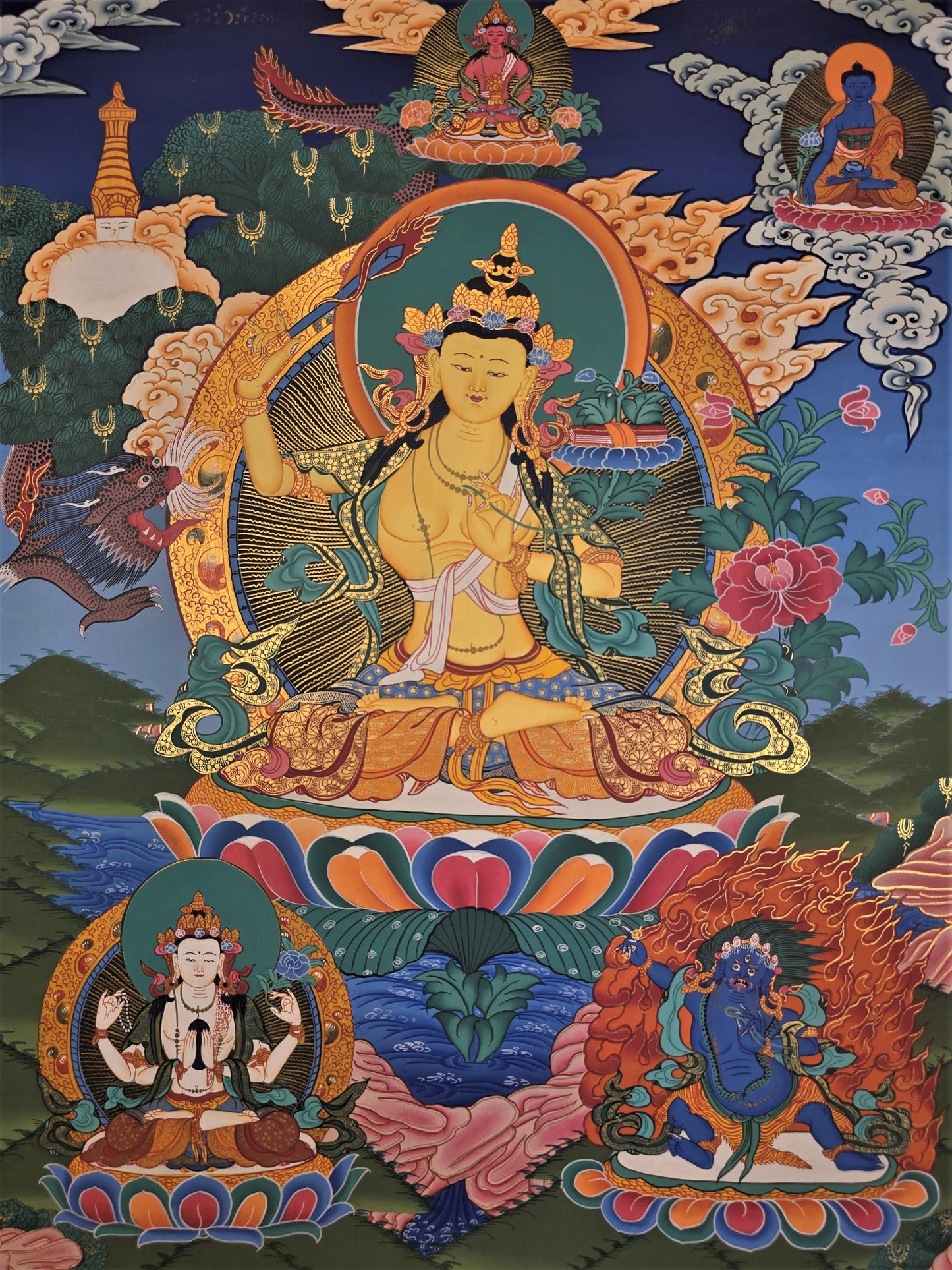 Hand-Painted Manjushree Thangka – Tibetan God of Wisdom Art