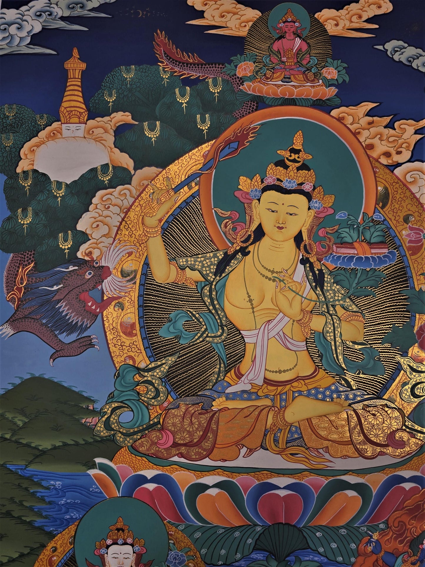Hand-Painted Manjushree Thangka – Tibetan God of Wisdom Art