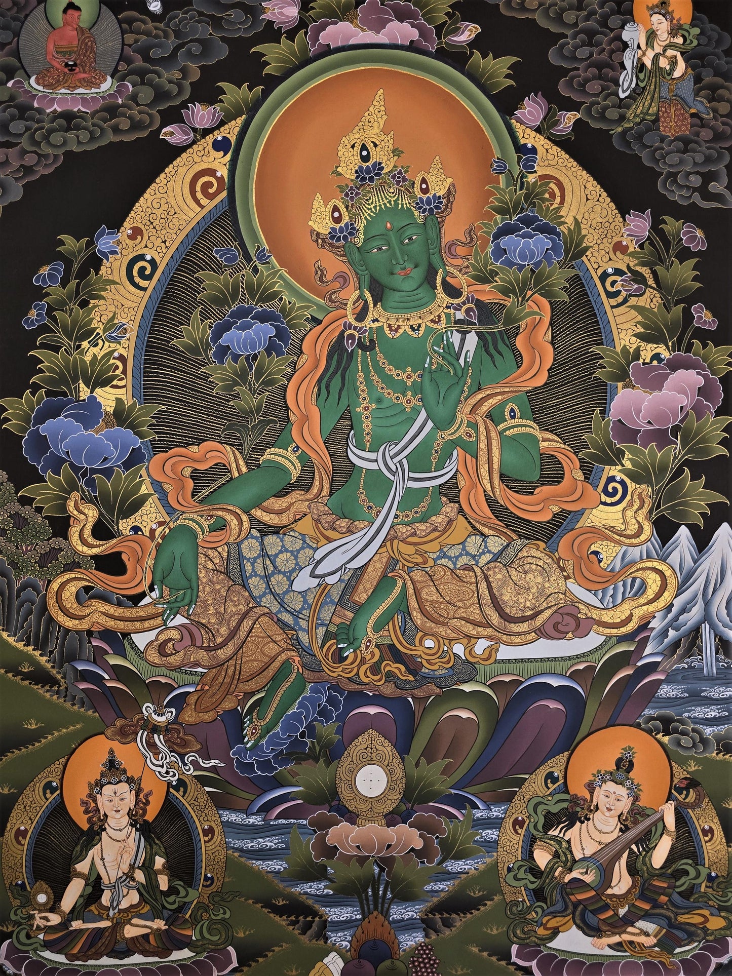 Hand-Painted Green Tara Thangka – Tibetan Compassion Wall Art