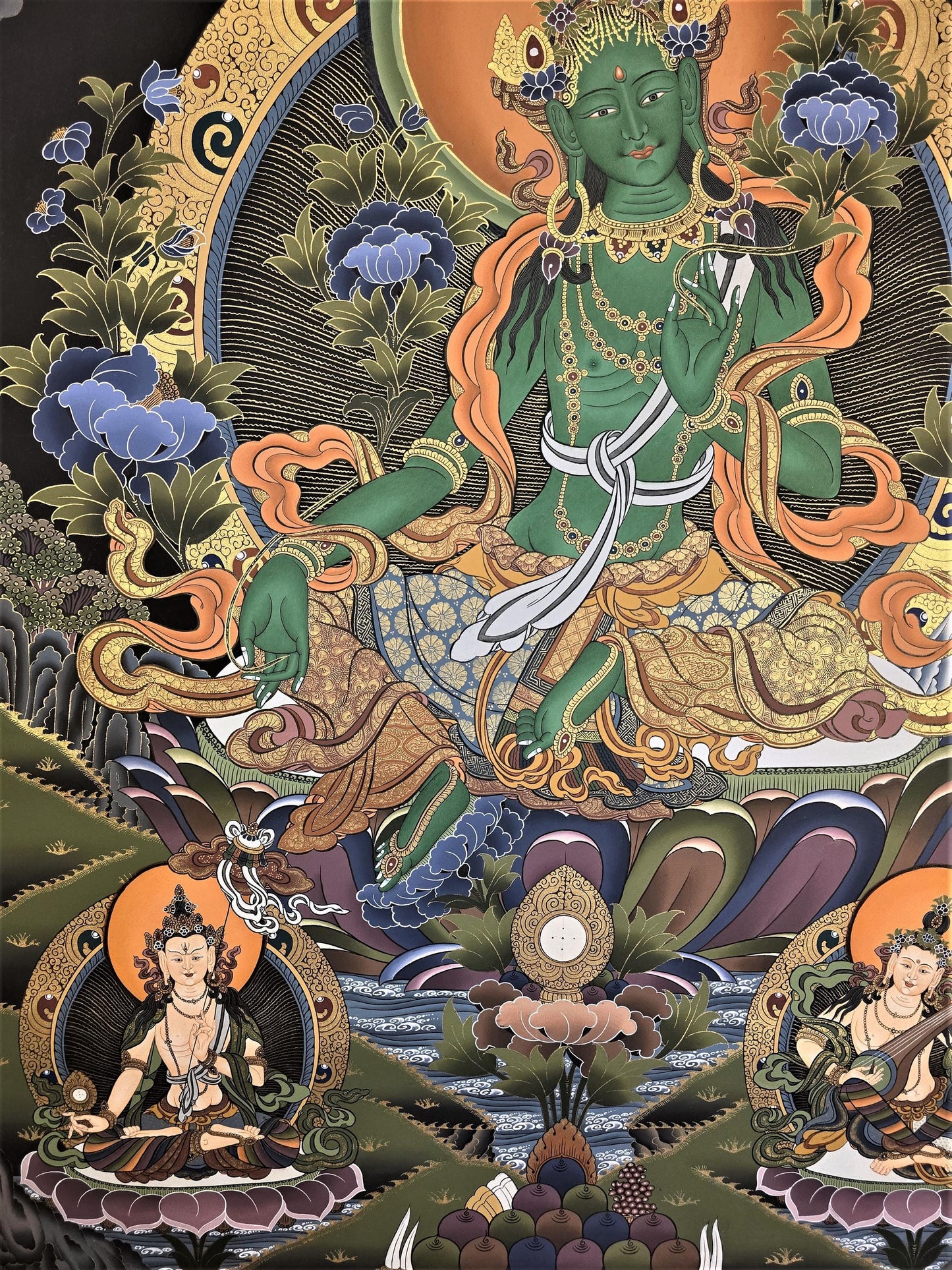 Hand-Painted Green Tara Thangka – Tibetan Compassion Wall Art