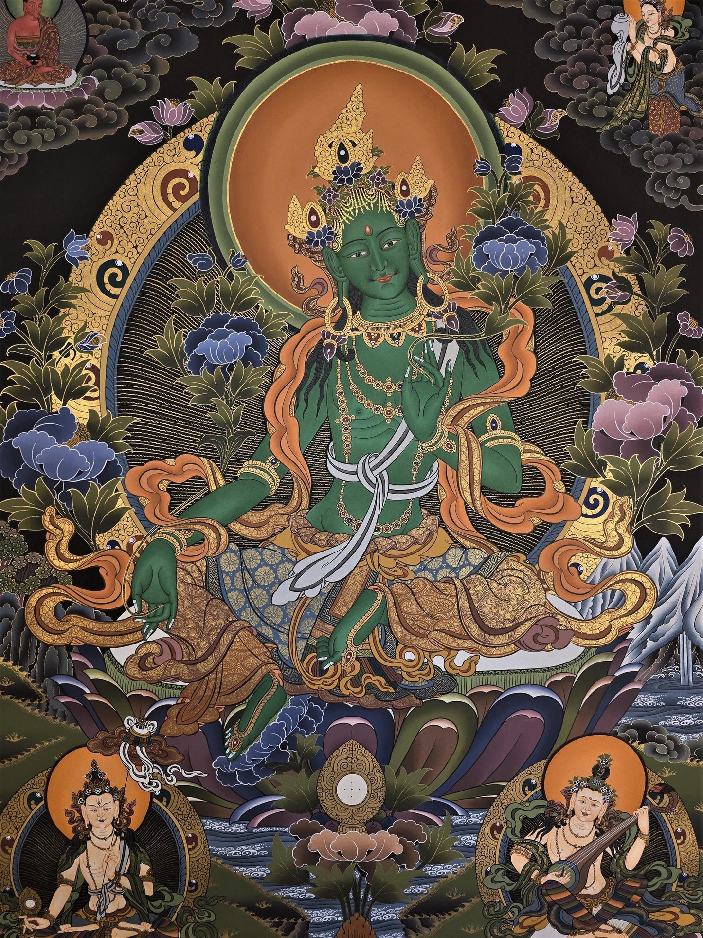Hand-Painted Green Tara Thangka – Tibetan Compassion Wall Art