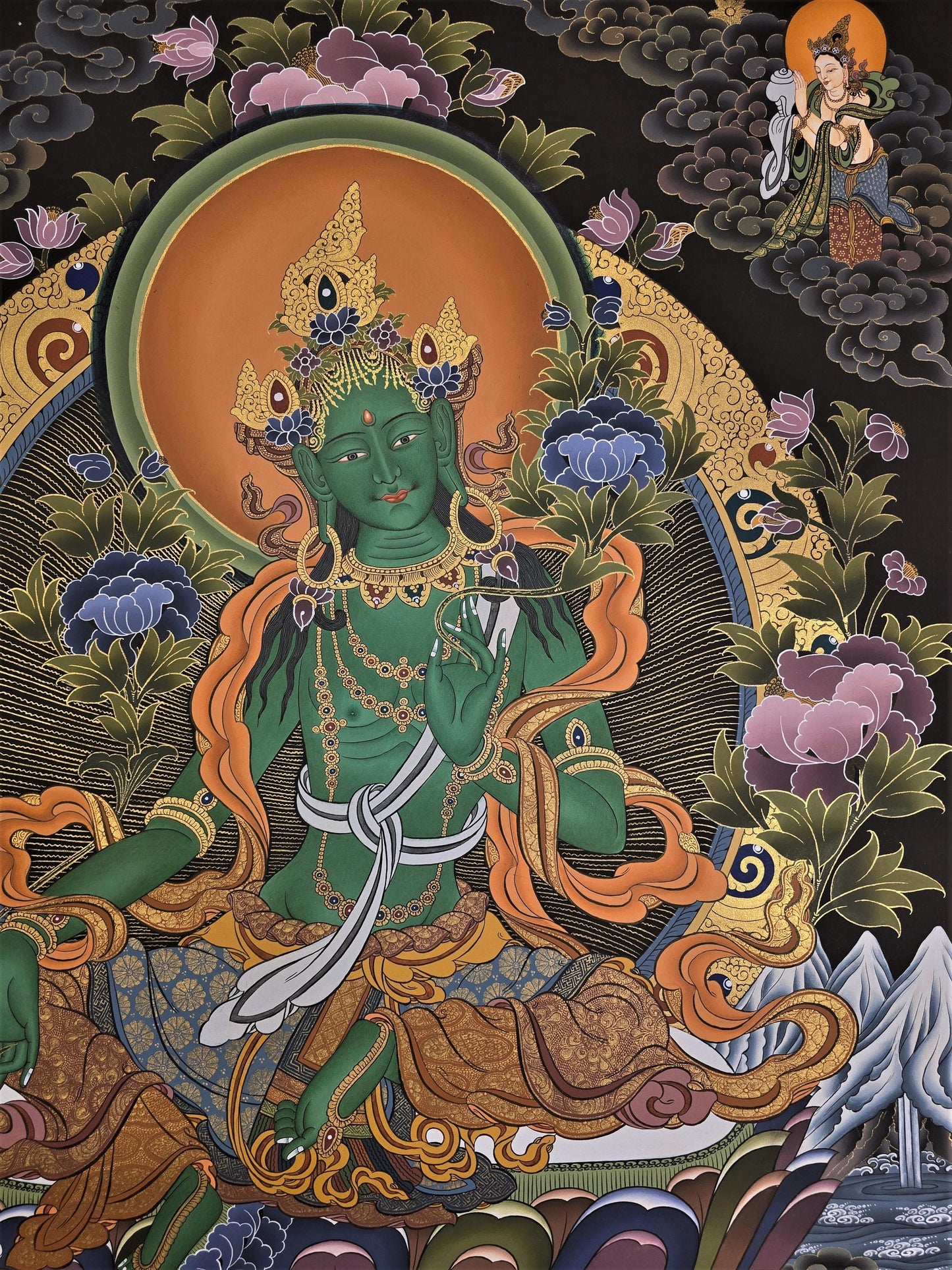 Hand-Painted Green Tara Thangka – Tibetan Compassion Wall Art