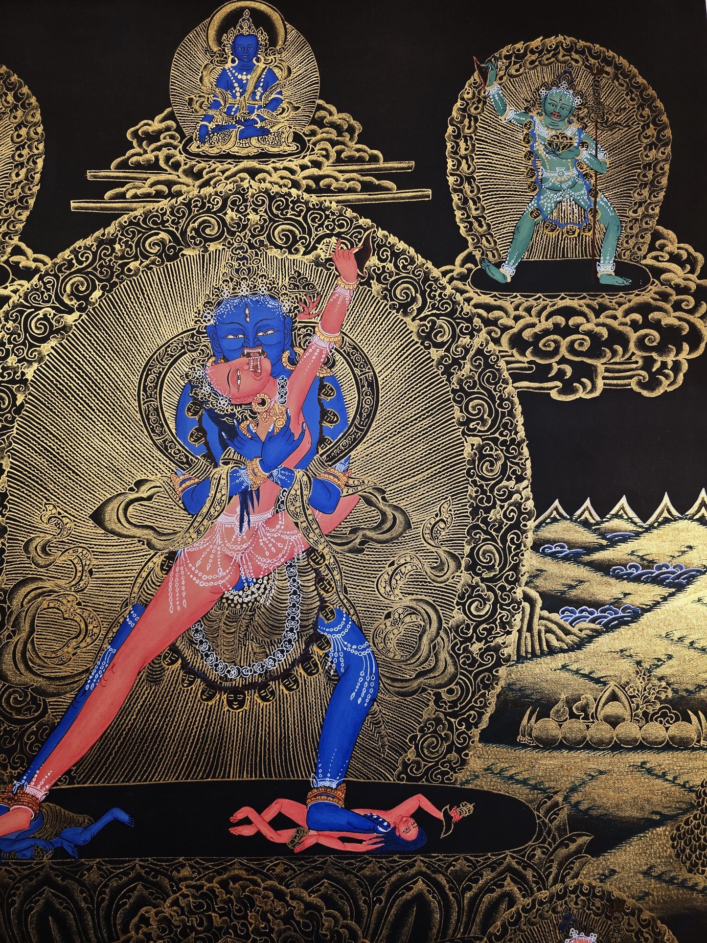 Chakrasamvara in Union with Vajravarahi – Hand-Painted Tibetan Black Thangka with Protector Deities, From Nepal