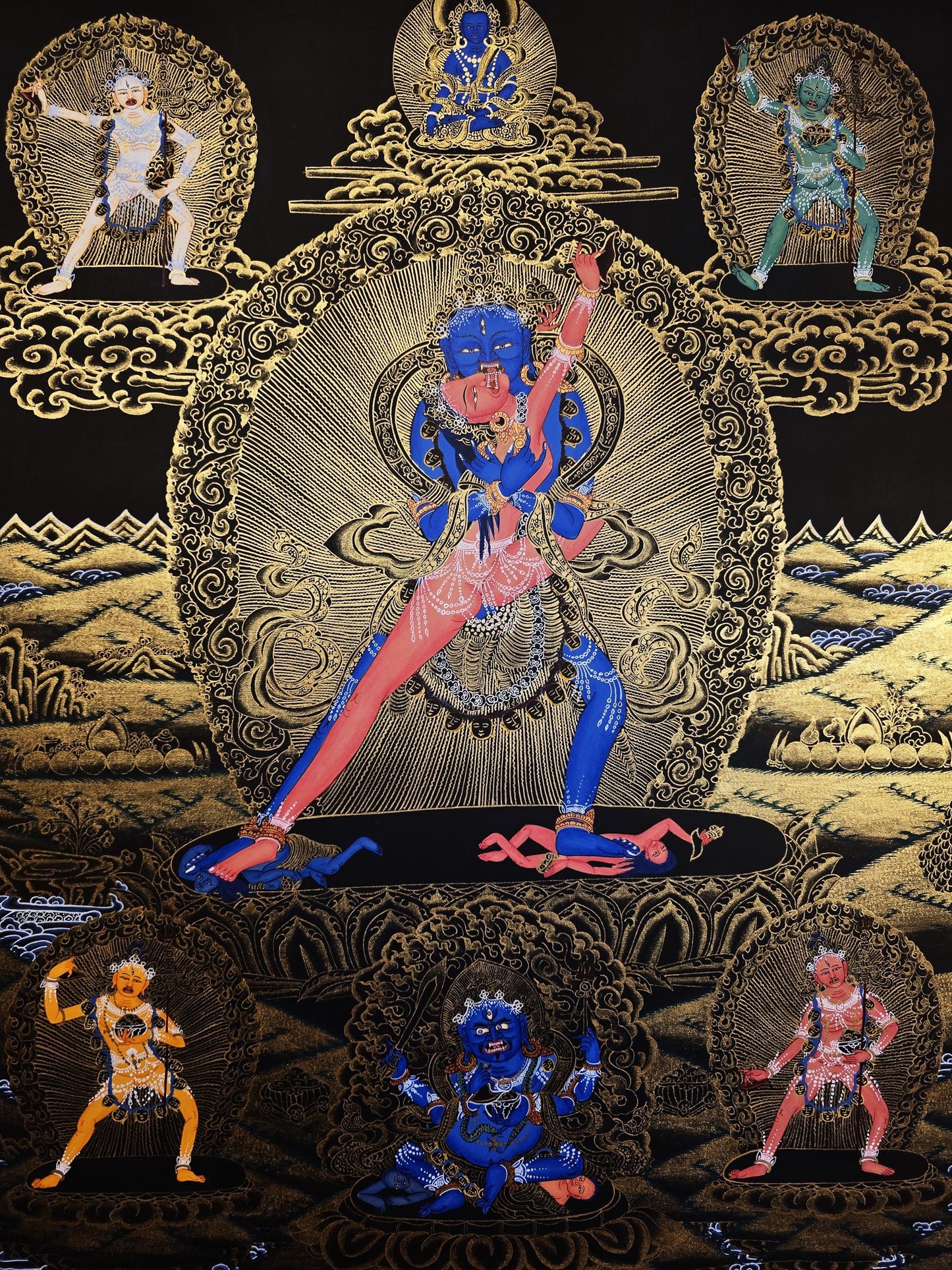 Chakrasamvara in Union with Vajravarahi – Hand-Painted Tibetan Black Thangka with Protector Deities, From Nepal