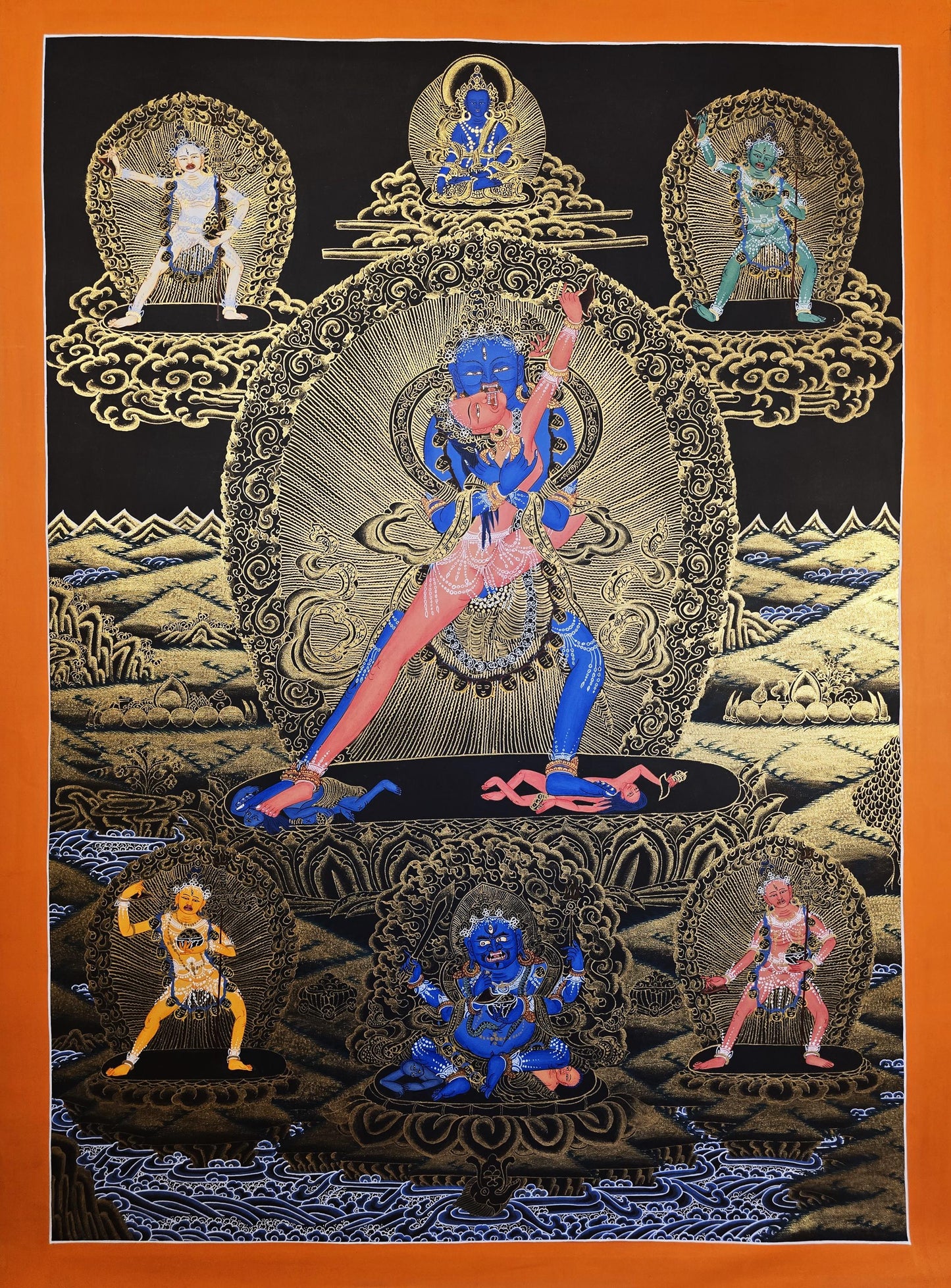 Chakrasamvara in Union with Vajravarahi – Hand-Painted Tibetan Black Thangka with Protector Deities, From Nepal
