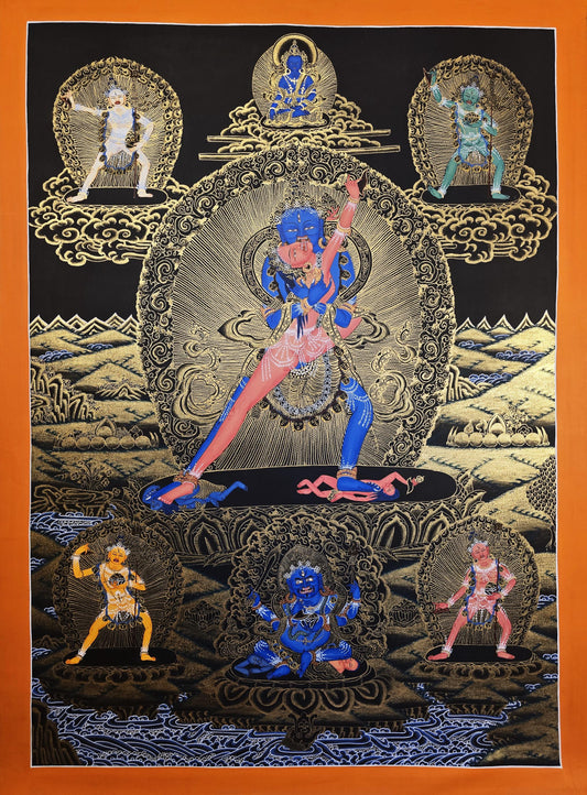 Chakrasamvara in Union with Vajravarahi – Hand-Painted Tibetan Black Thangka with Protector Deities, From Nepal