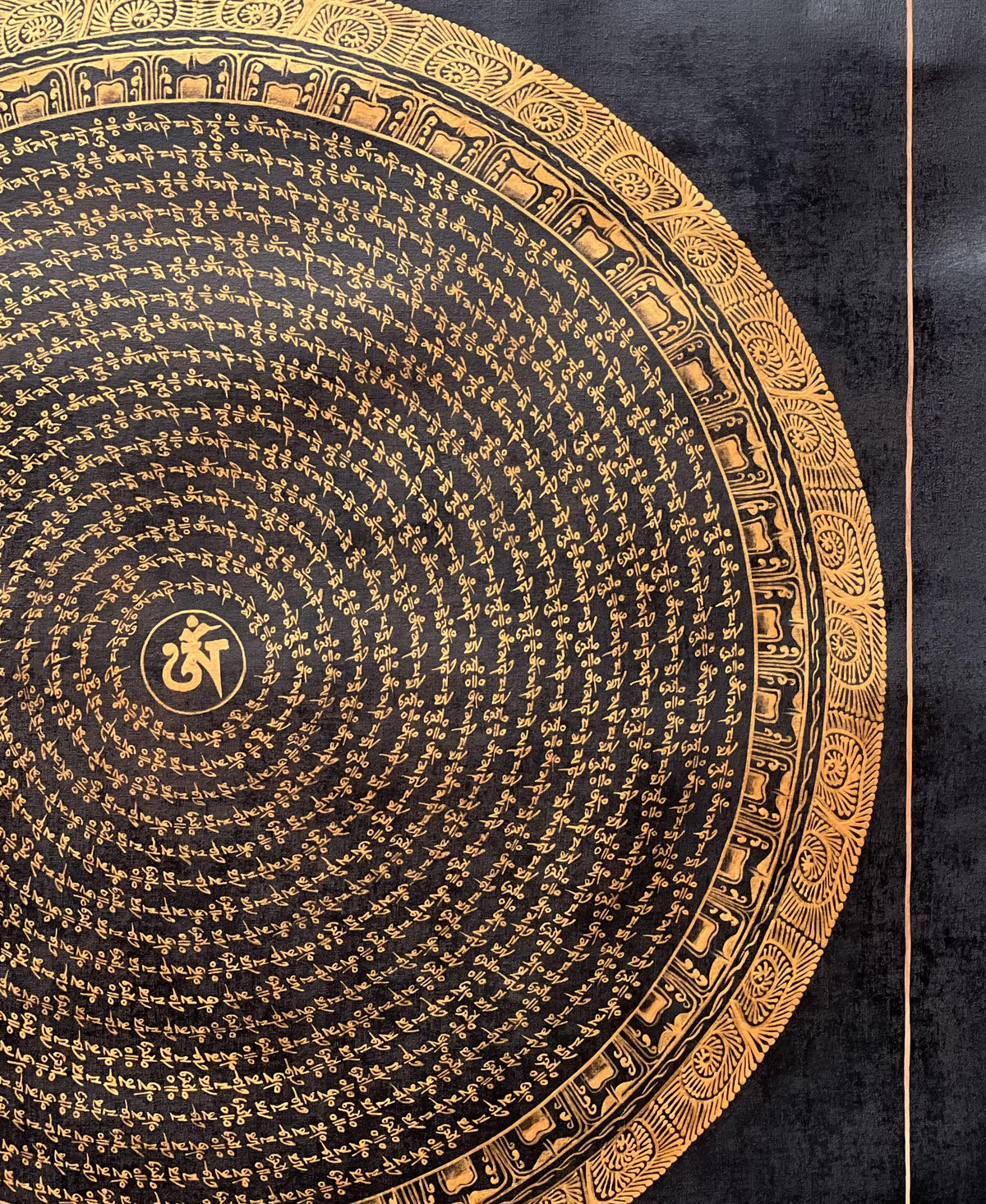 Black and Gold Om Mani Padme Hum Mantra  Thangka Painting: Tibetan Mandala Art
