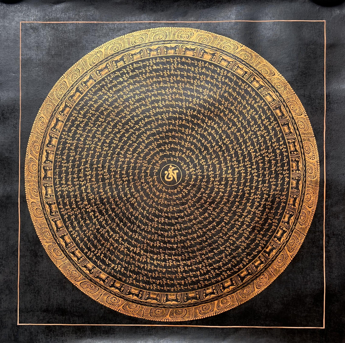 Black and Gold Om Mani Padme Hum Mantra  Thangka Painting: Tibetan Mandala Art