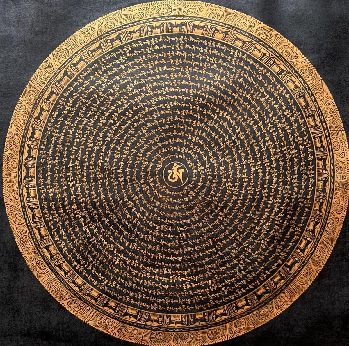 Black and Gold Om Mani Padme Hum Mantra  Thangka Painting: Tibetan Mandala Art