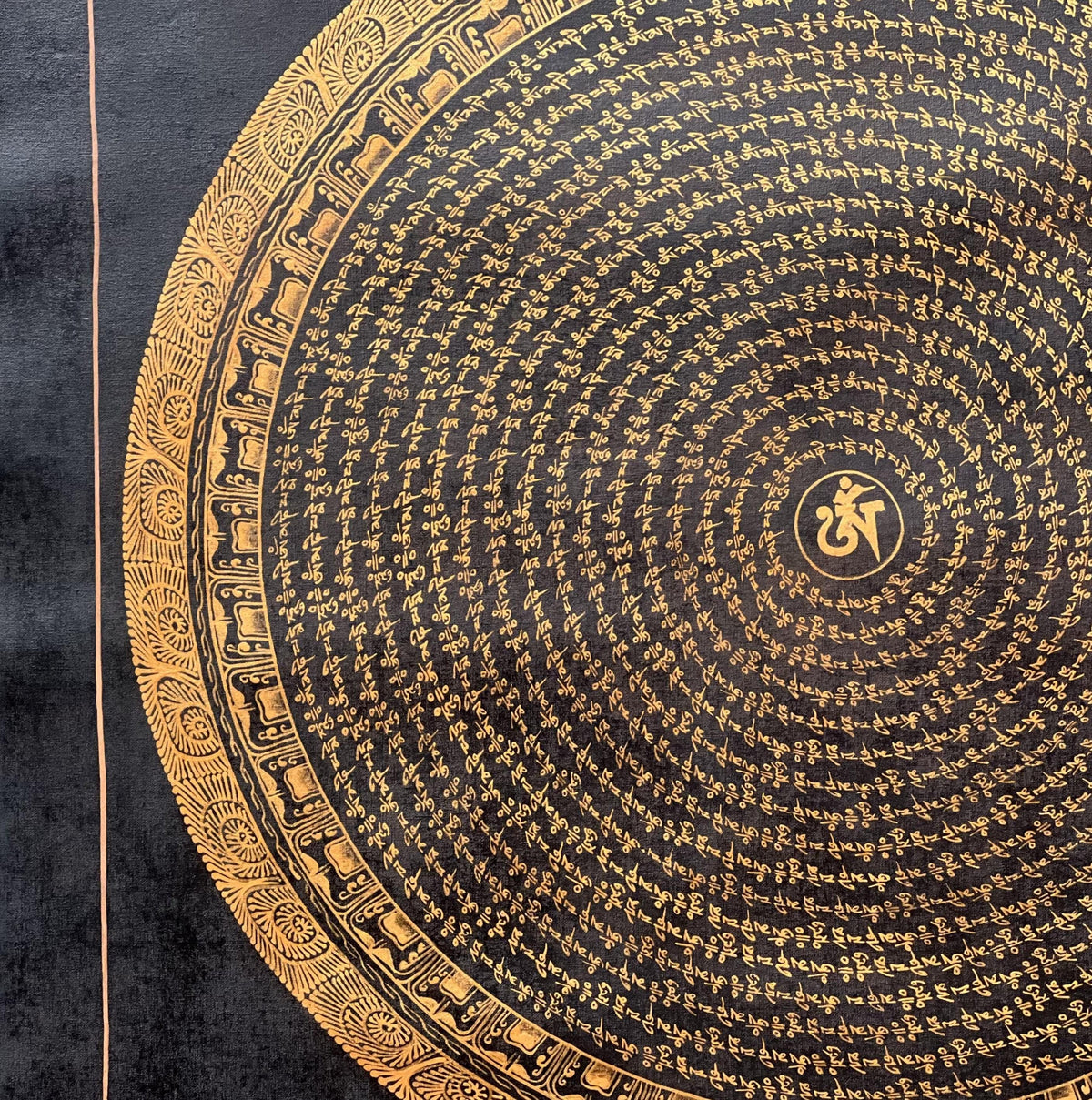 Black and Gold Om Mani Padme Hum Mantra  Thangka Painting: Tibetan Mandala Art