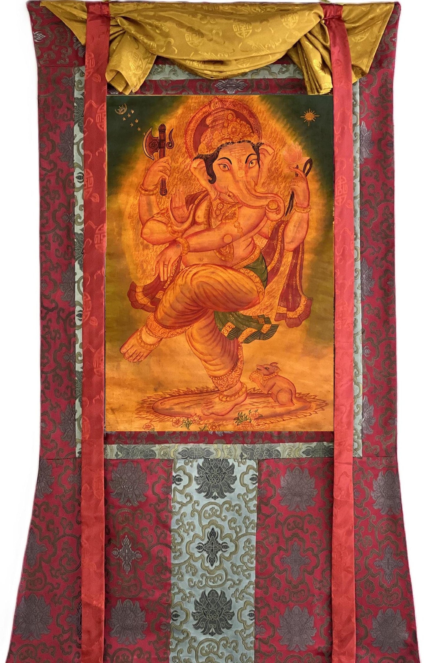 Hand-Painted Lord Ganesha Thangka – Newari Paubha, Silk Brocade