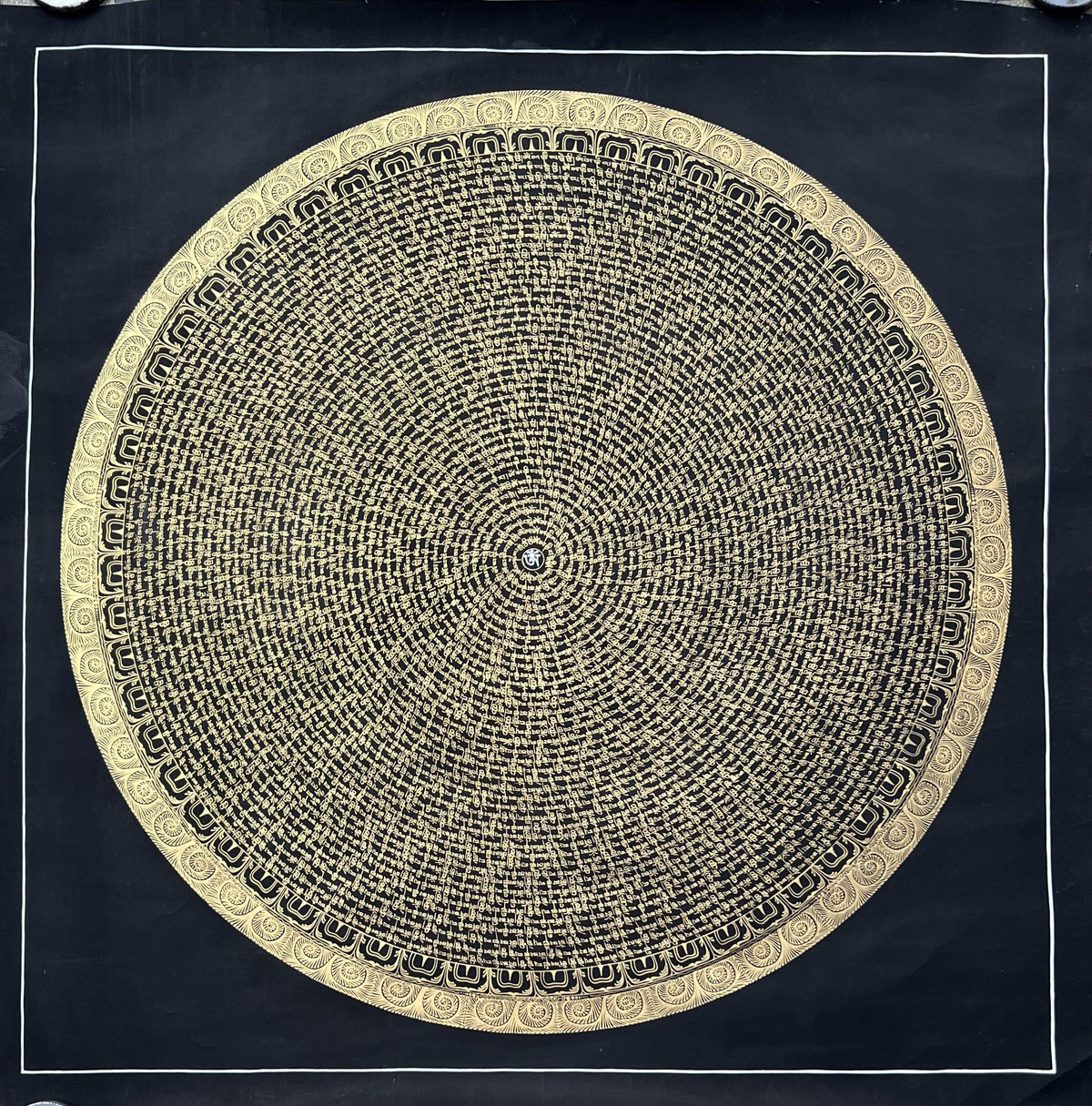 Black and Gold Om Mani Padme Hum Mandala Thangka  Tibetan Buddhist Wall Art