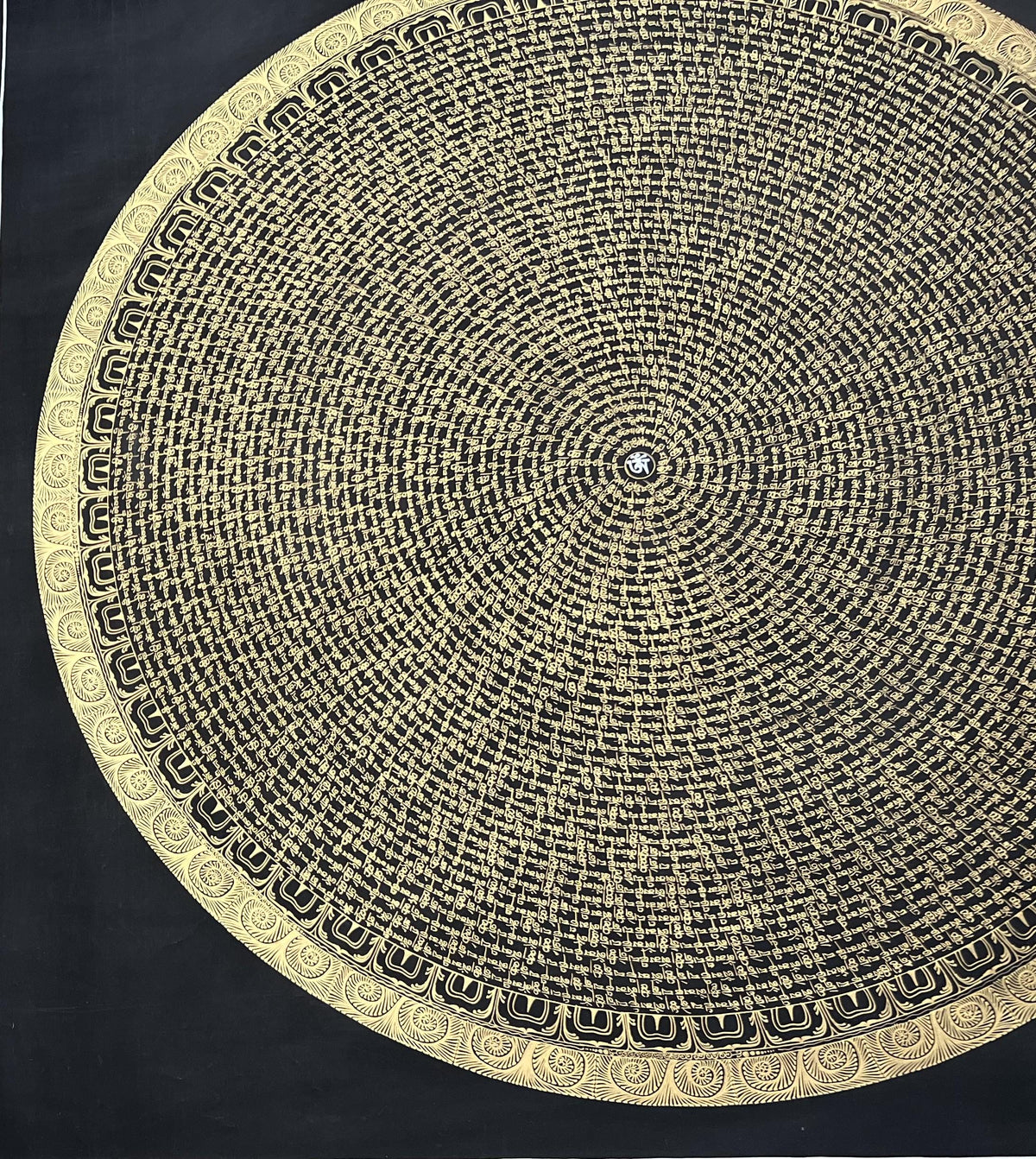 Black and Gold Om Mani Padme Hum Mandala Thangka  Tibetan Buddhist Wall Art