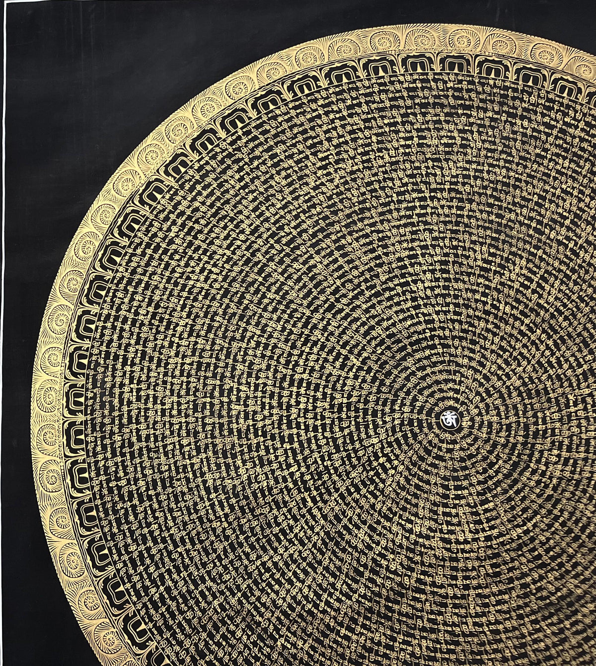Black and Gold Om Mani Padme Hum Mandala Thangka  Tibetan Buddhist Wall Art