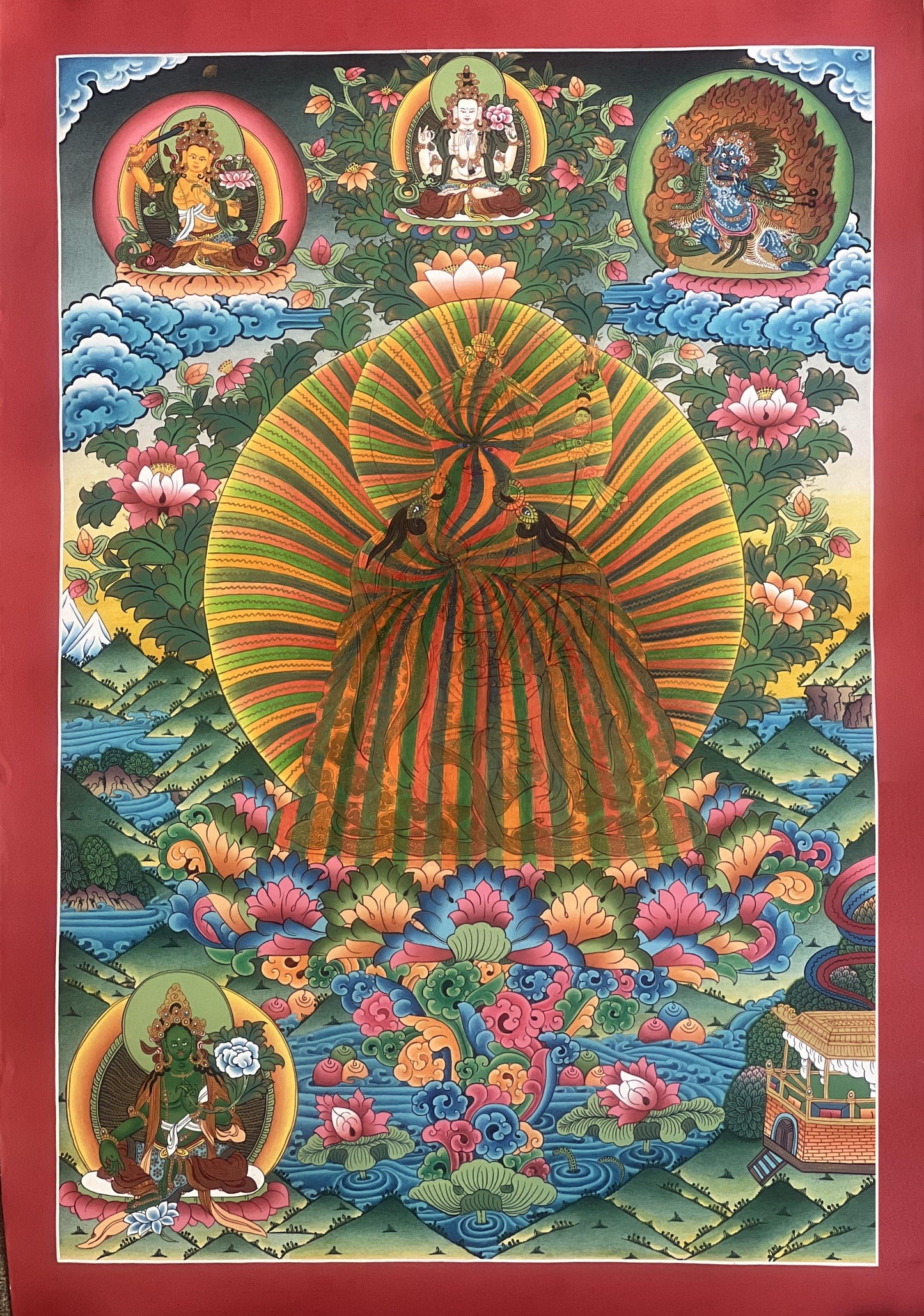 Guru Rainbow Body Padmasambhava Thangka | Hand-Painted Tibetan Buddhist Art | Gold Masterpiece | Dzogchen Meditation Painting